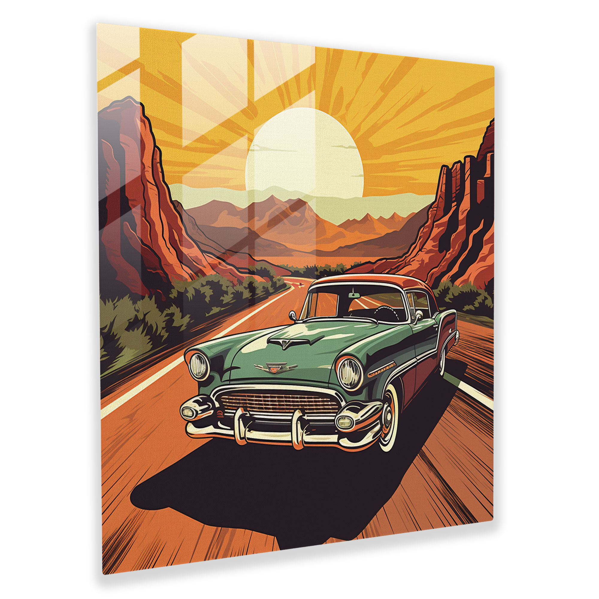 Cooles Vintage-Auto Glasbild - Offene Straße Cool Glas-Kunst