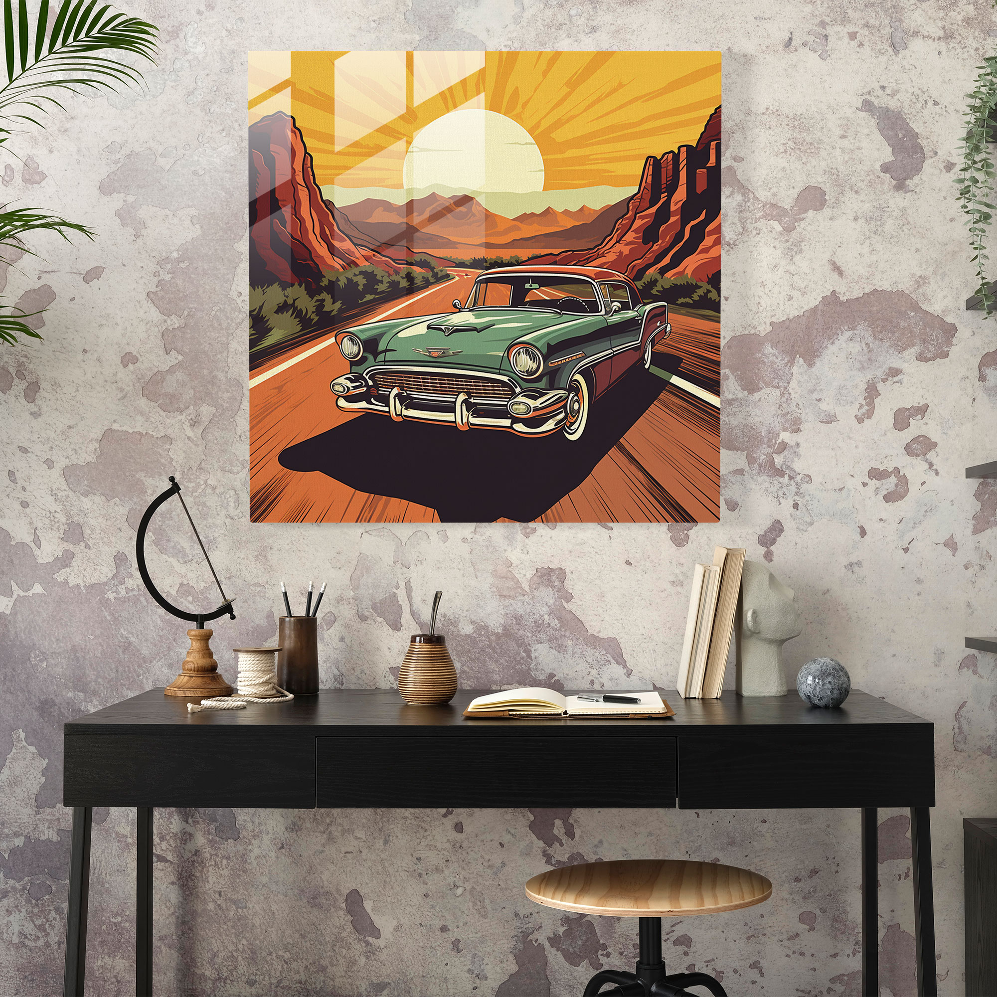 Cooles Vintage-Auto Glasbild - Offene Straße Cool Glas-Kunst