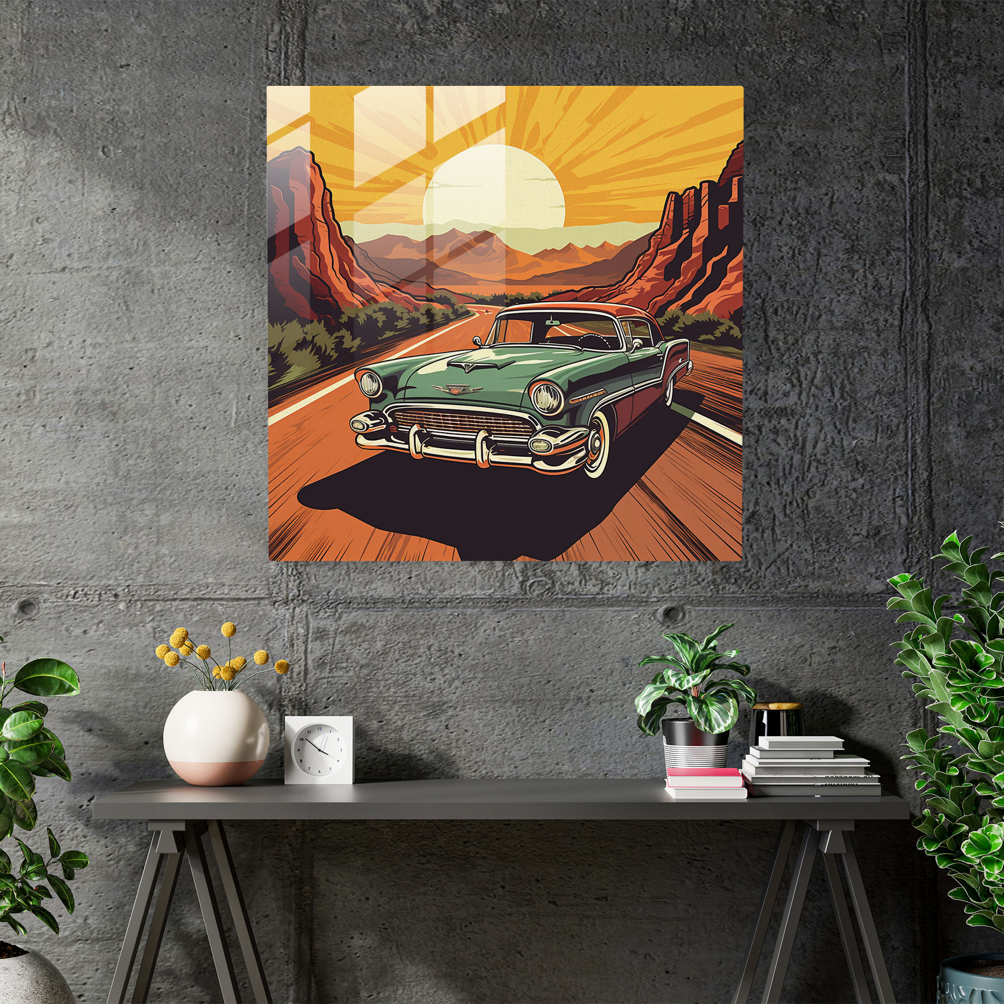 Cooles Vintage-Auto Glasbild - Offene Straße Cool Glas-Kunst