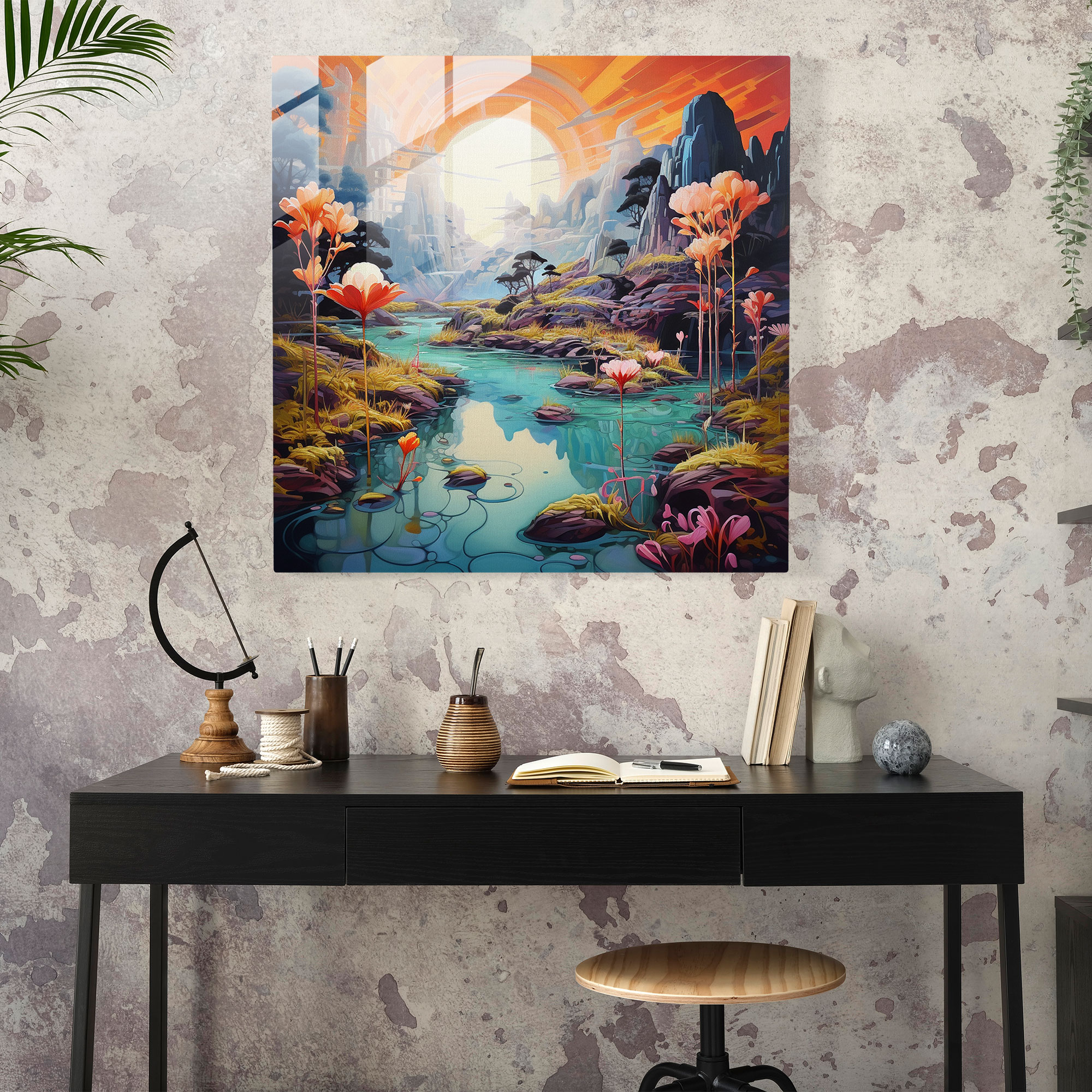 Glasbild Traumlandschaft - Moderne Kunst Traumhafte Landschaft