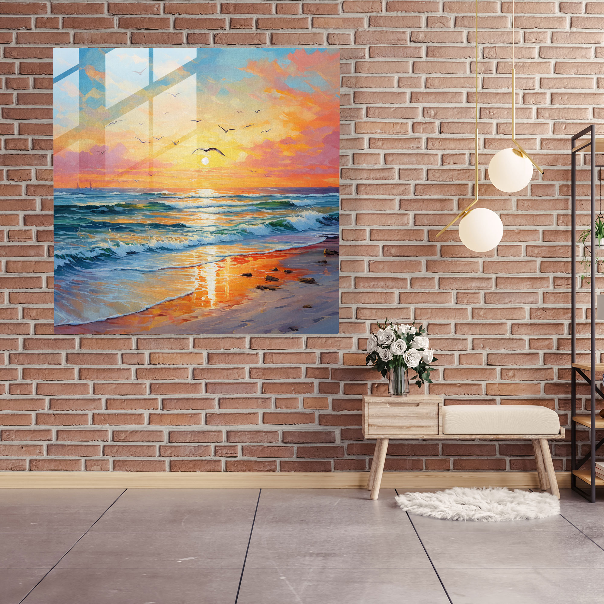 Strandglasdruck bei Sonnenuntergang - Leinwandbild Wanddekoration ruhige Szene lebendige Farben