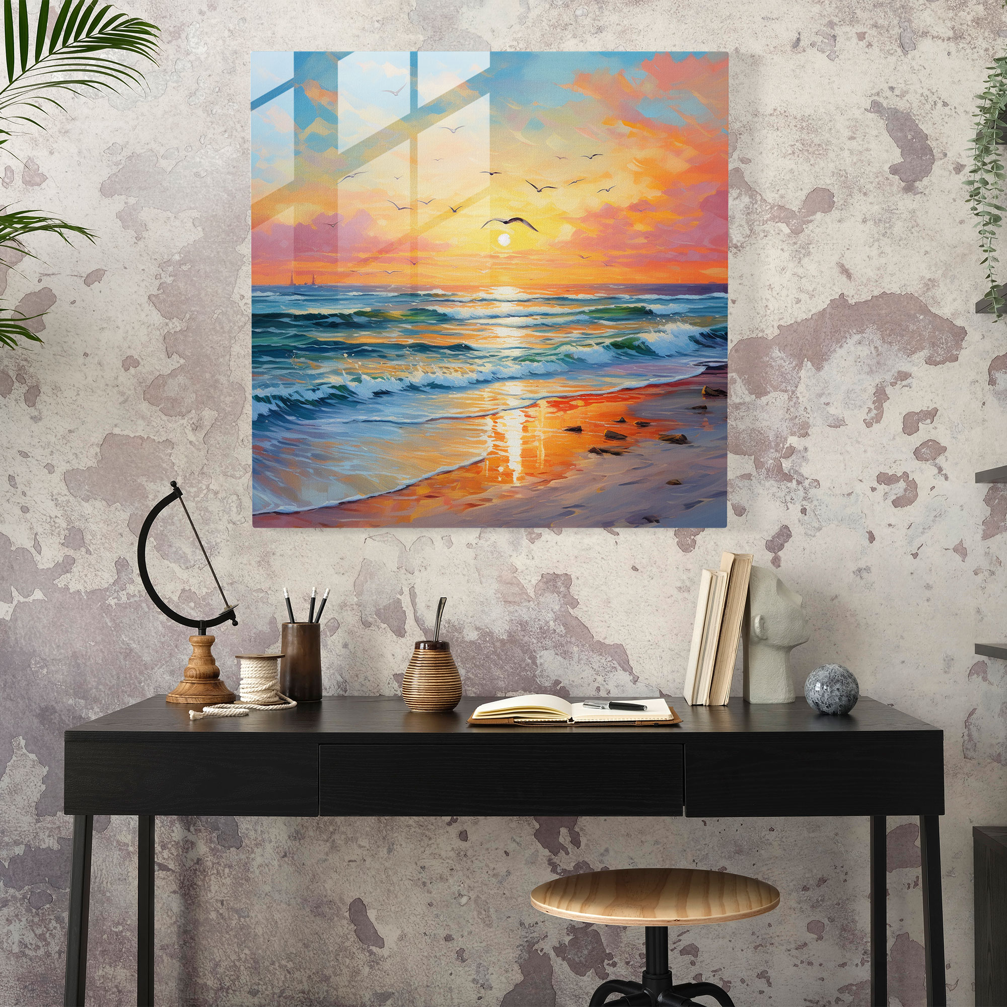 Strandglasdruck bei Sonnenuntergang - Leinwandbild Wanddekoration ruhige Szene lebendige Farben