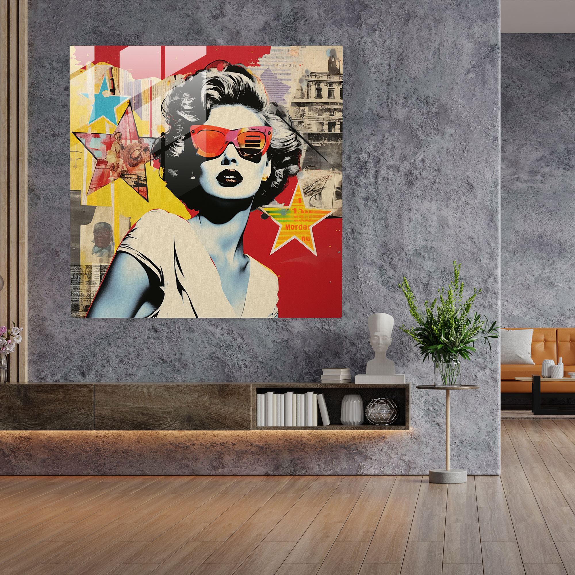 Moderne Pop Collage Glasbild - Wanddekoration zeitgenössische Kunst