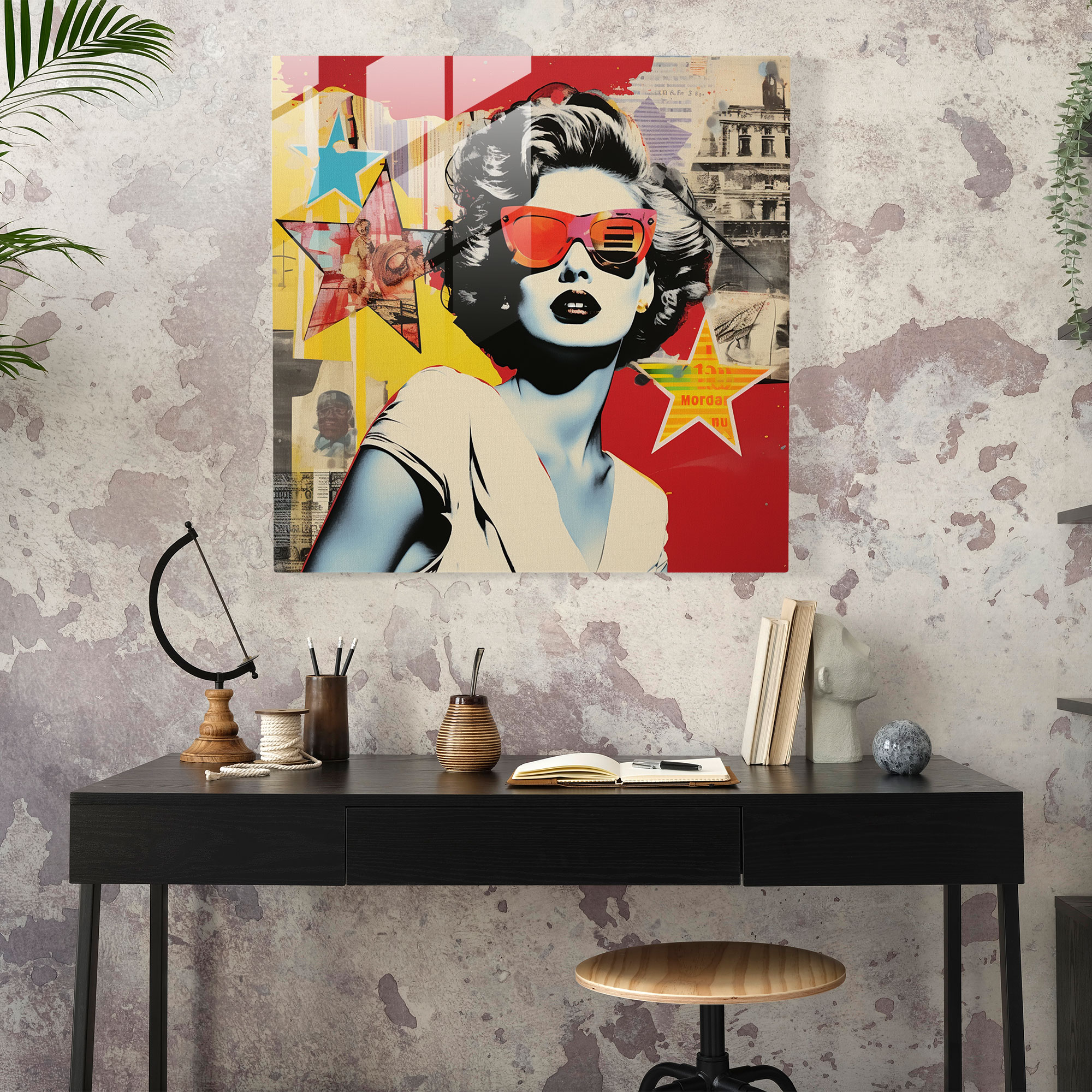 Moderne Pop Collage Glasbild - Wanddekoration zeitgenössische Kunst