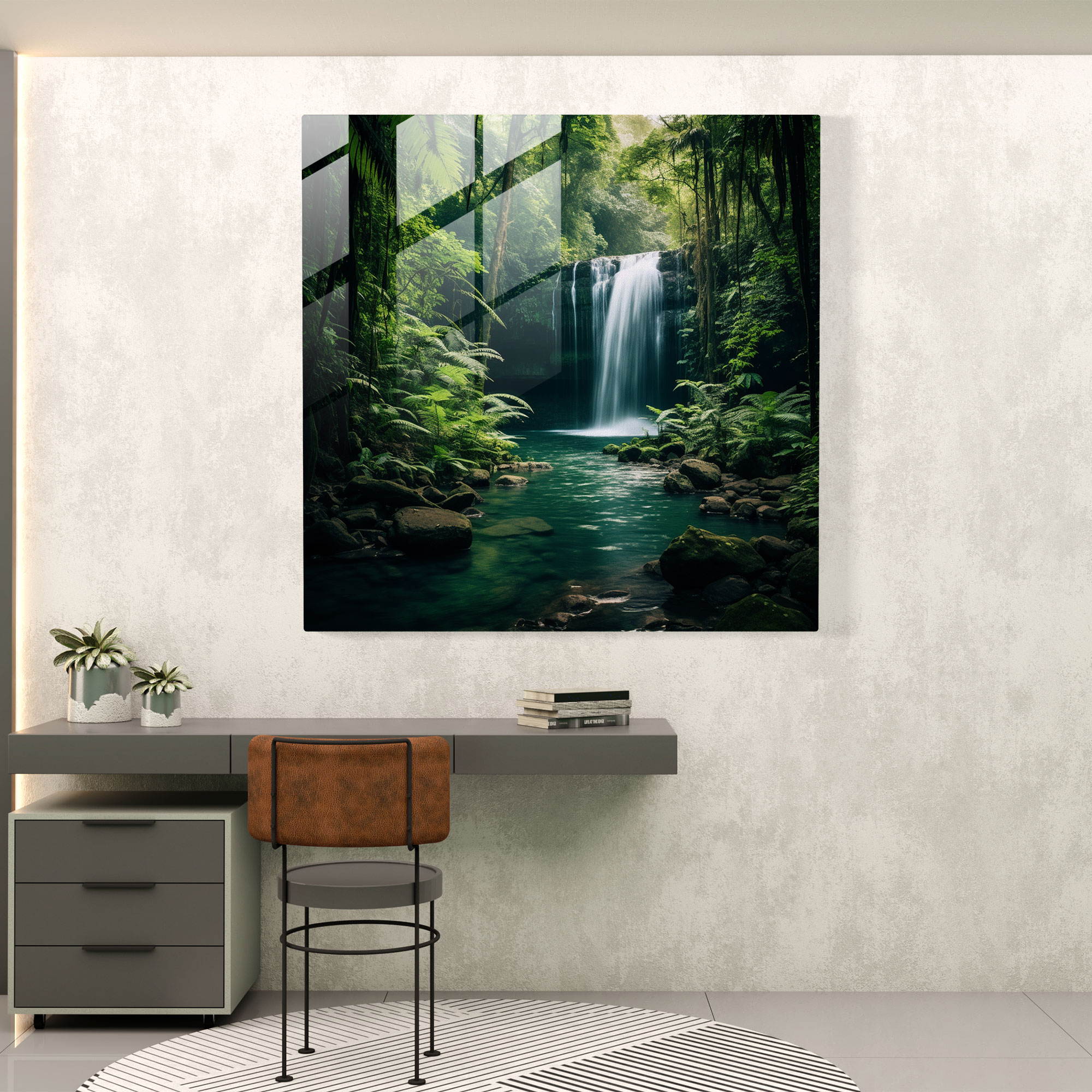 Entspannender Wasserfall Glasbild - Natürliches Foto entspannte Atmosphäre Dekoration für Zuhause