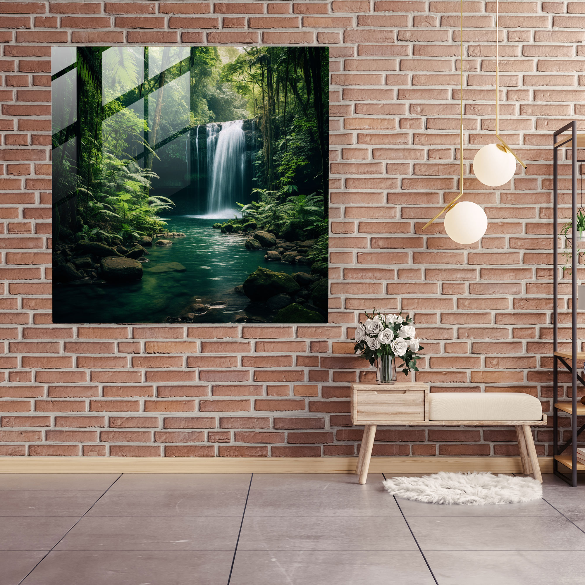 Entspannender Wasserfall Glasbild - Natürliches Foto entspannte Atmosphäre Dekoration für Zuhause
