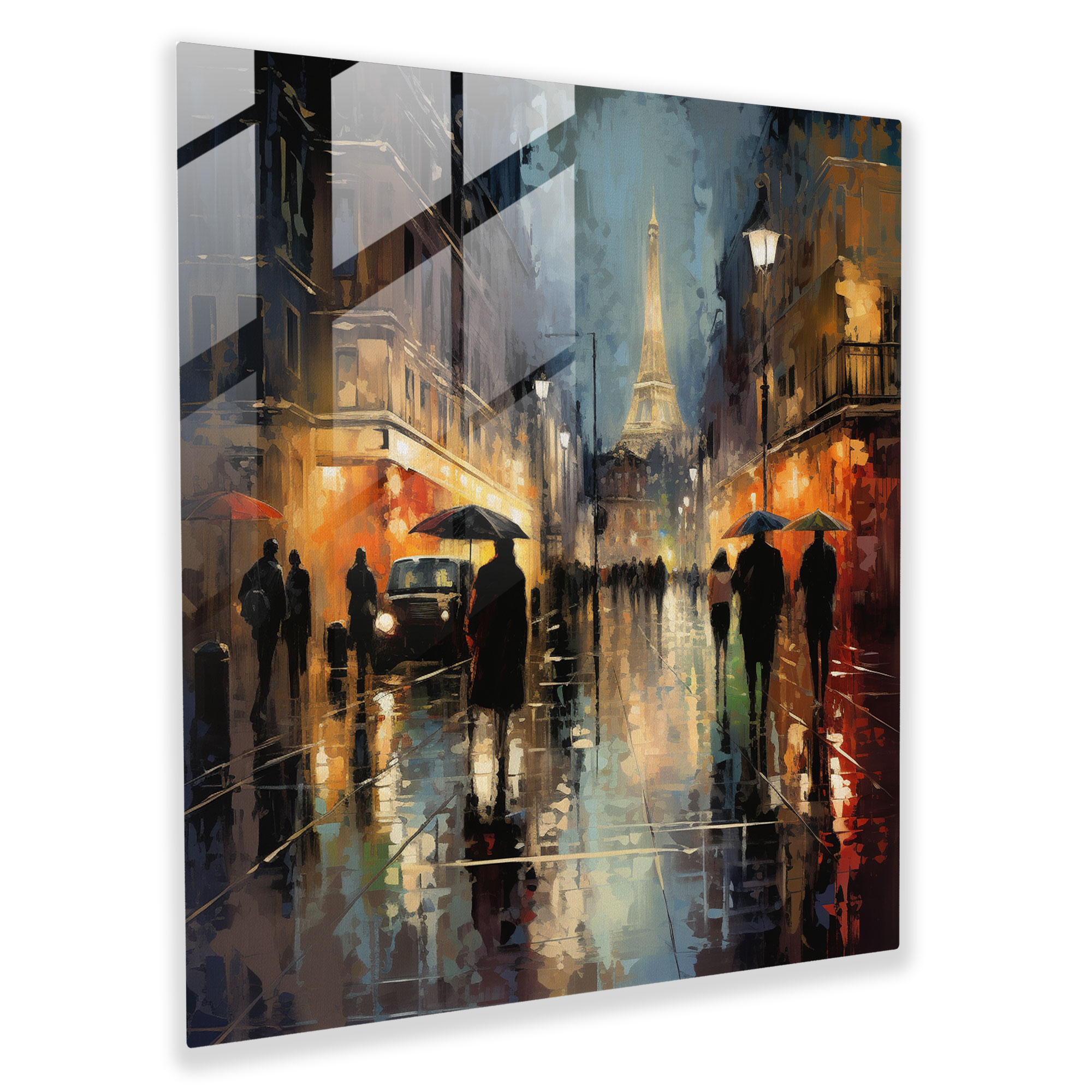 Glasbild für einen kühlen regnerischen Abend - Stilvolle Kunst für die Wand impressionistische Stadtszene Glas-Kunst