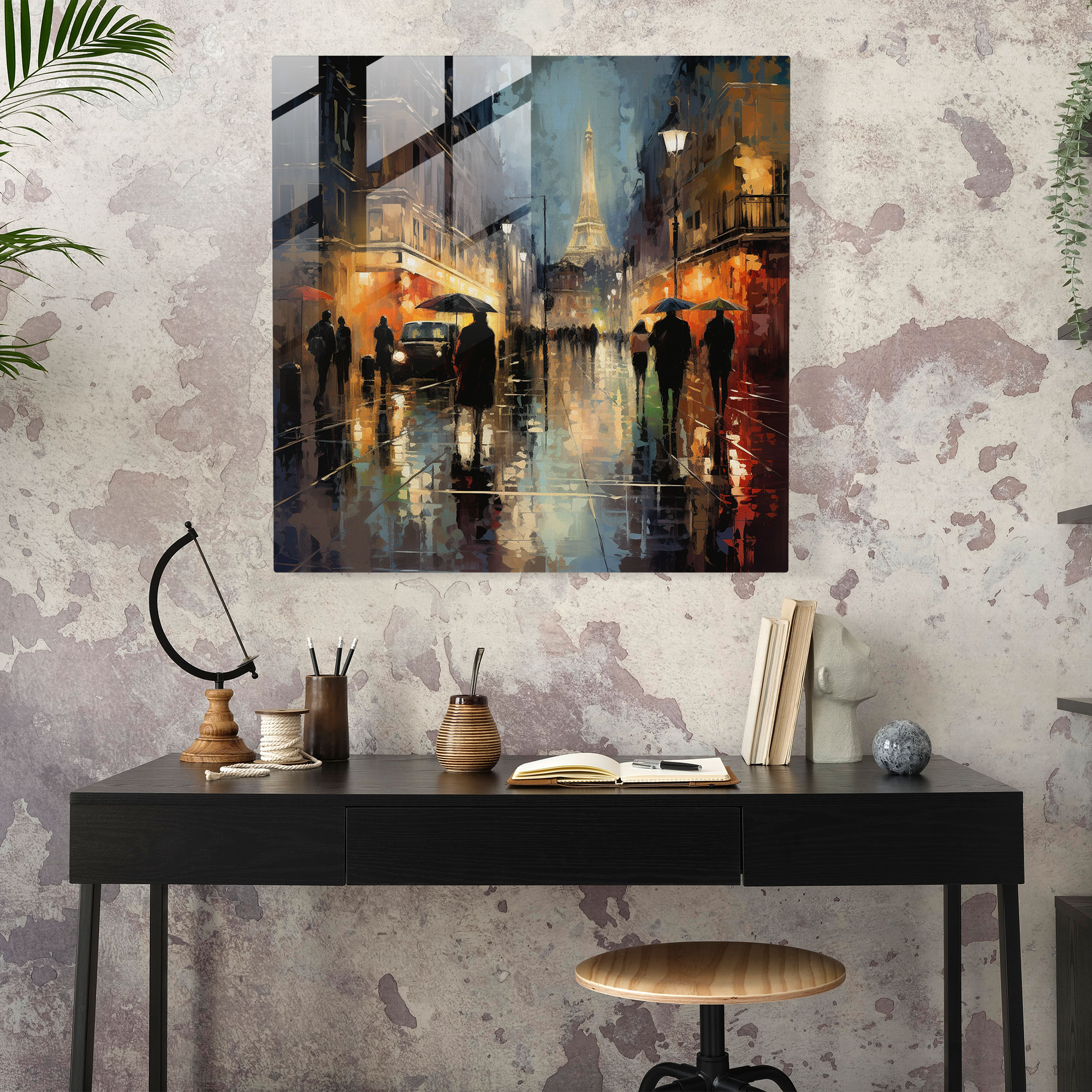 Glasbild für einen kühlen regnerischen Abend - Stilvolle Kunst für die Wand impressionistische Stadtszene Glas-Kunst