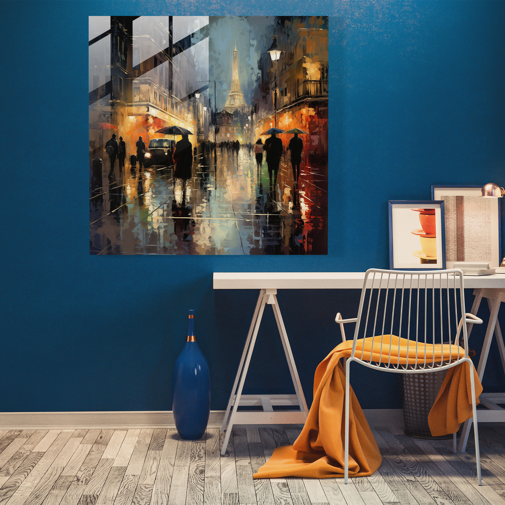 Glasbild für einen kühlen regnerischen Abend - Stilvolle Kunst für die Wand impressionistische Stadtszene Glas-Kunst