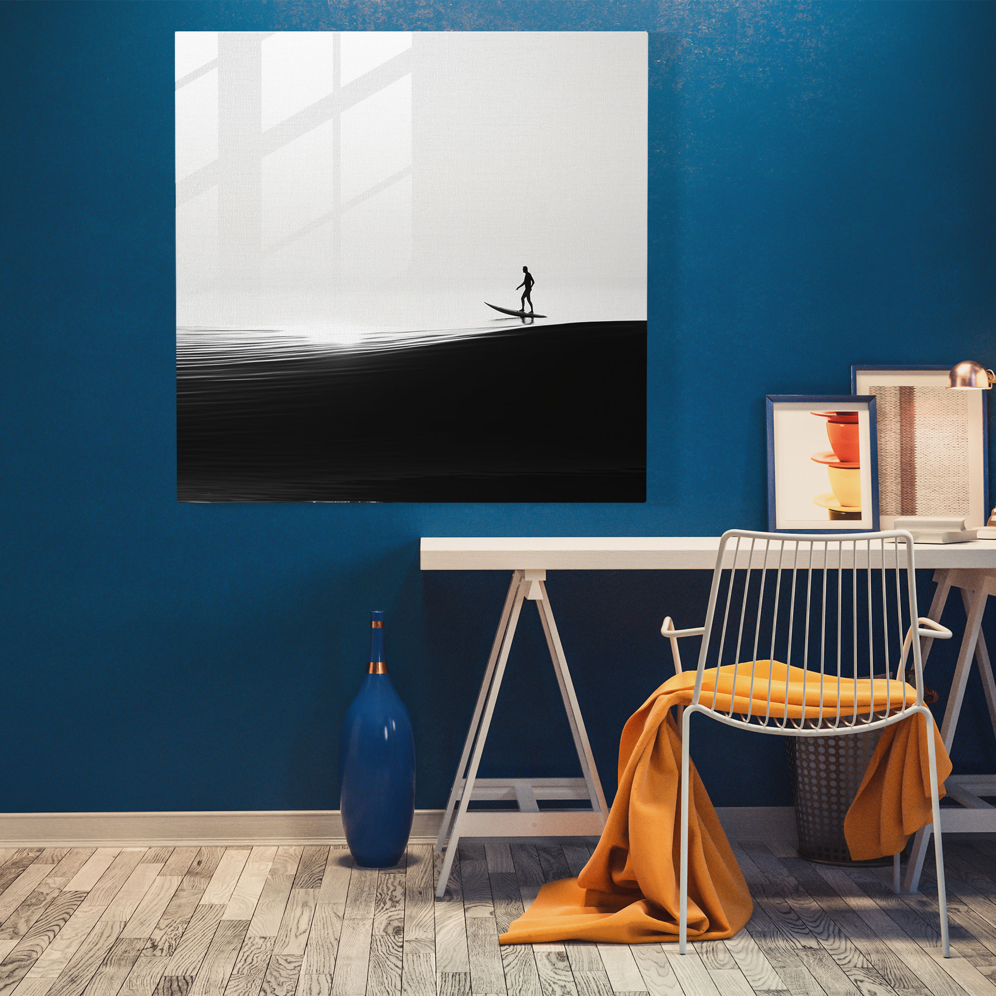 Entspannte Surfstimmung Glasbild - Coole Schwarz-Weiß-Fotografie Moderne Kunst Abenteuer