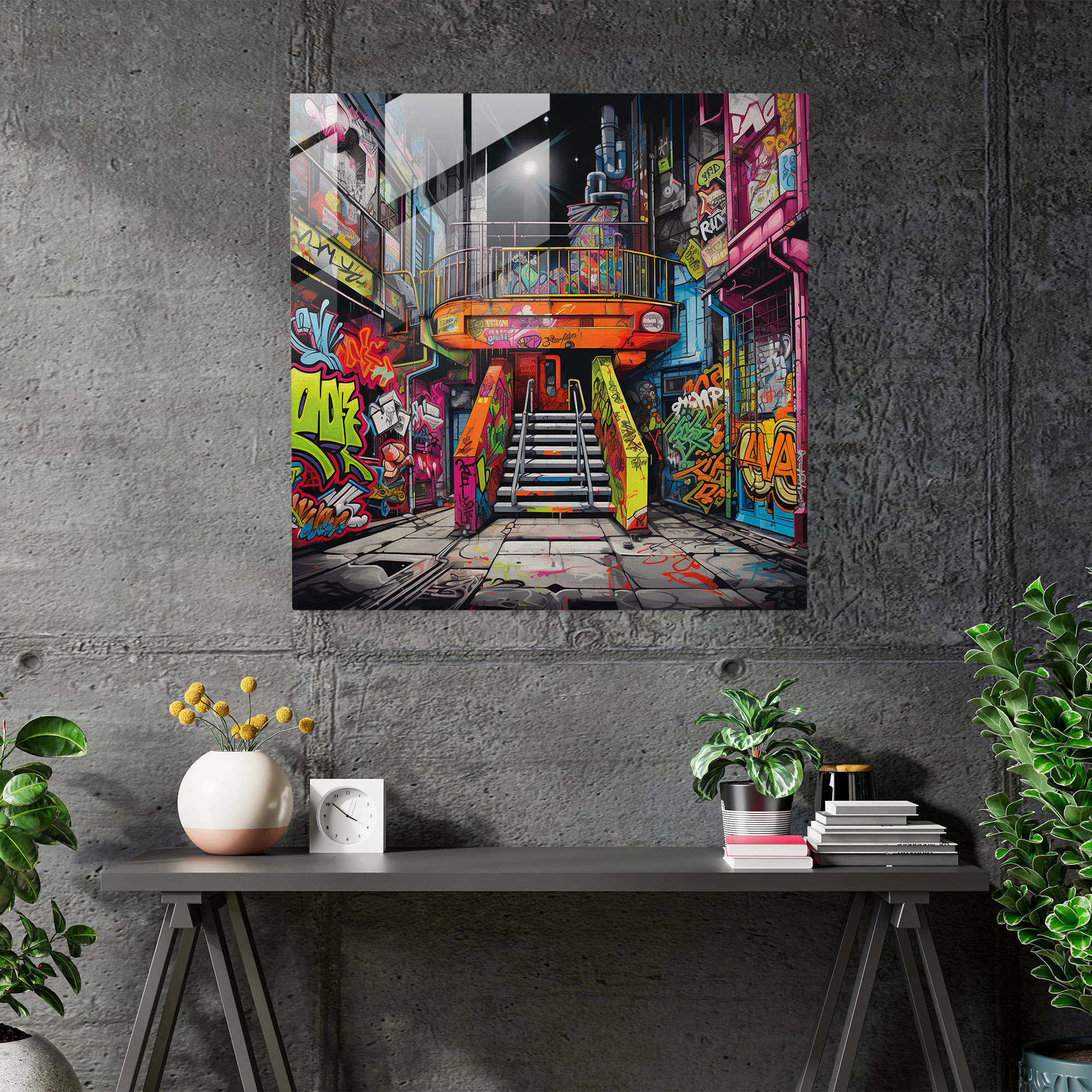 Cool Graffiti Vibes Glasbild - Sprühdosen Straßenschilder