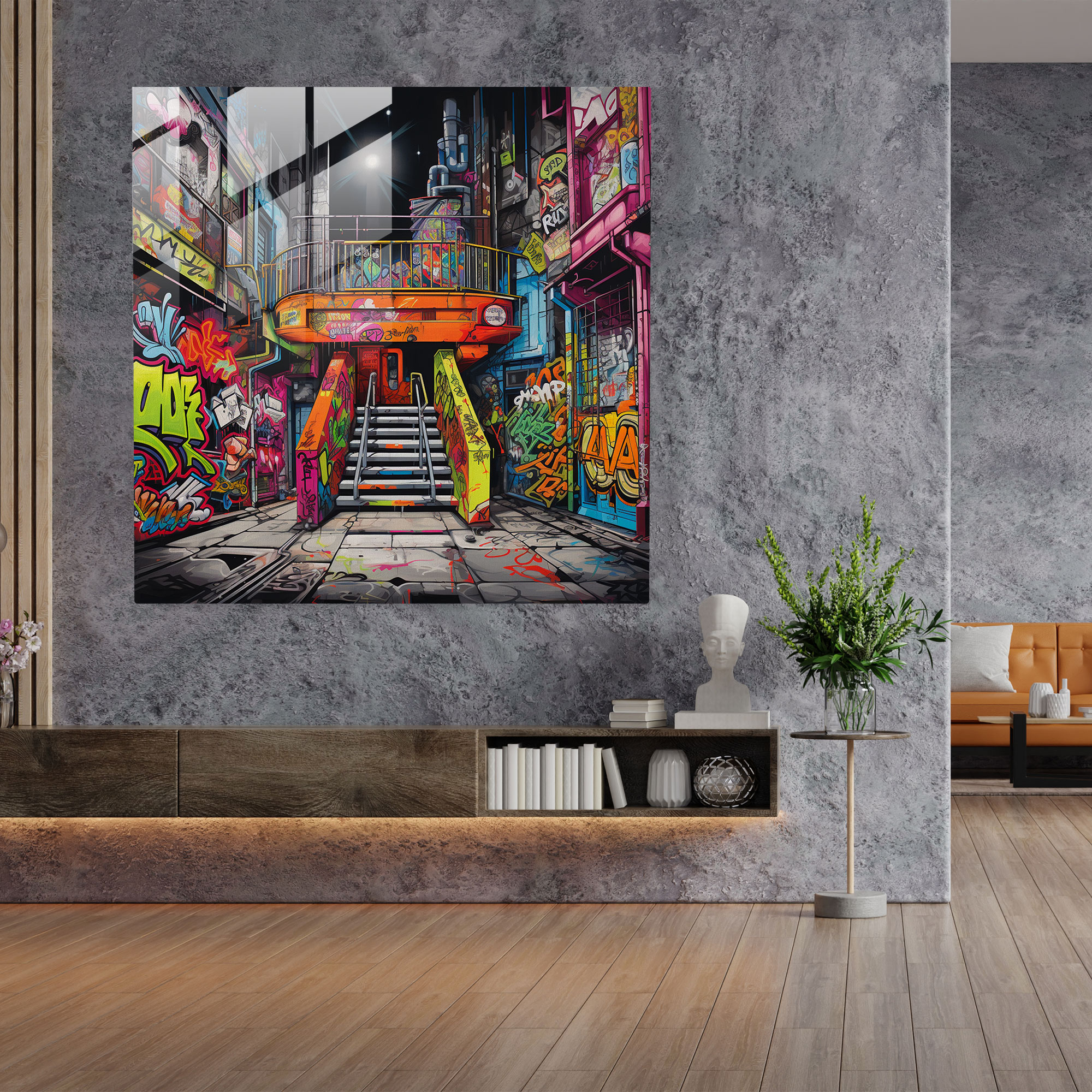 Cool Graffiti Vibes Glasbild - Sprühdosen Straßenschilder