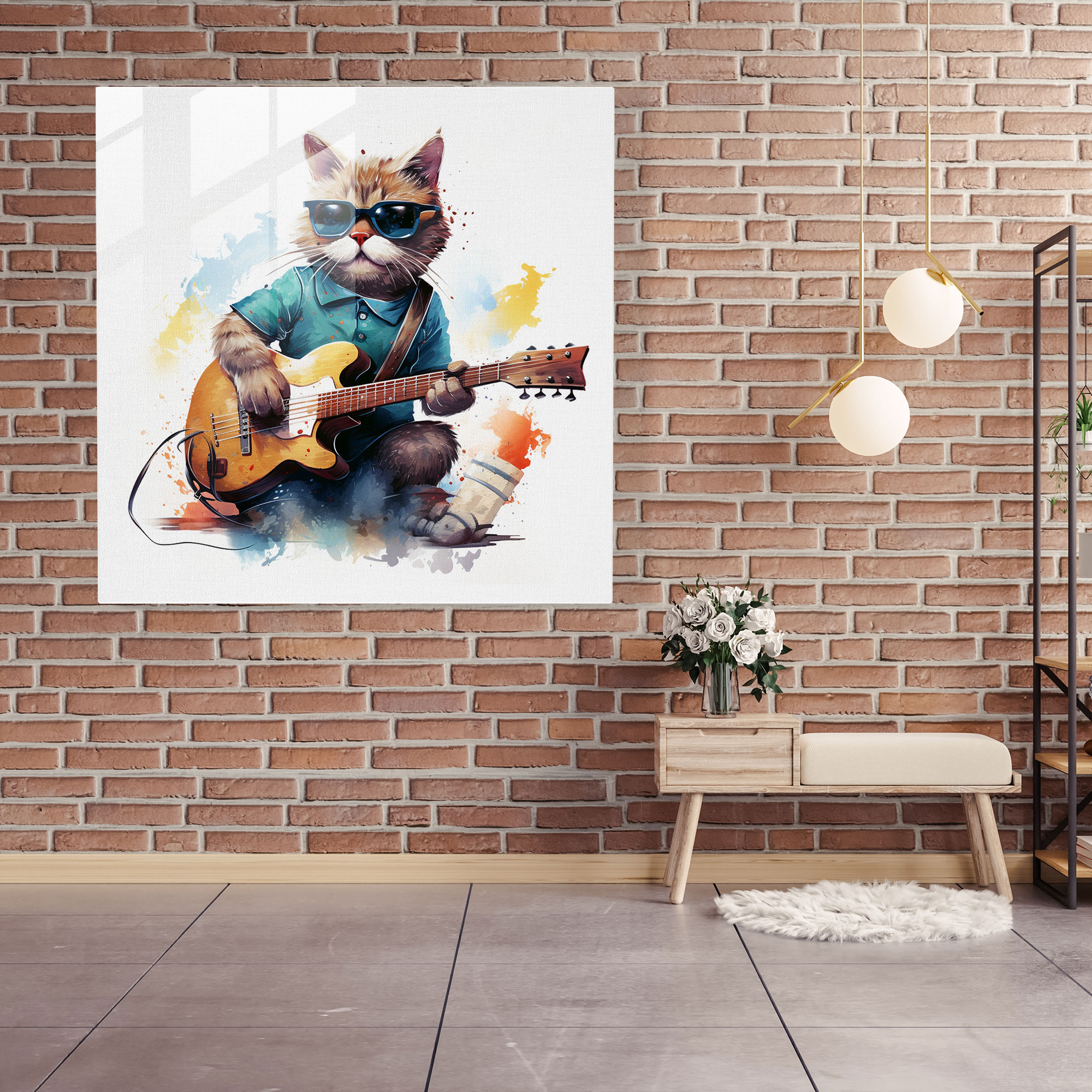 Glasbild Cool Cat Serenade - Modernes Kunstwerk mit Katzenmotiv und künstlerischem Touch