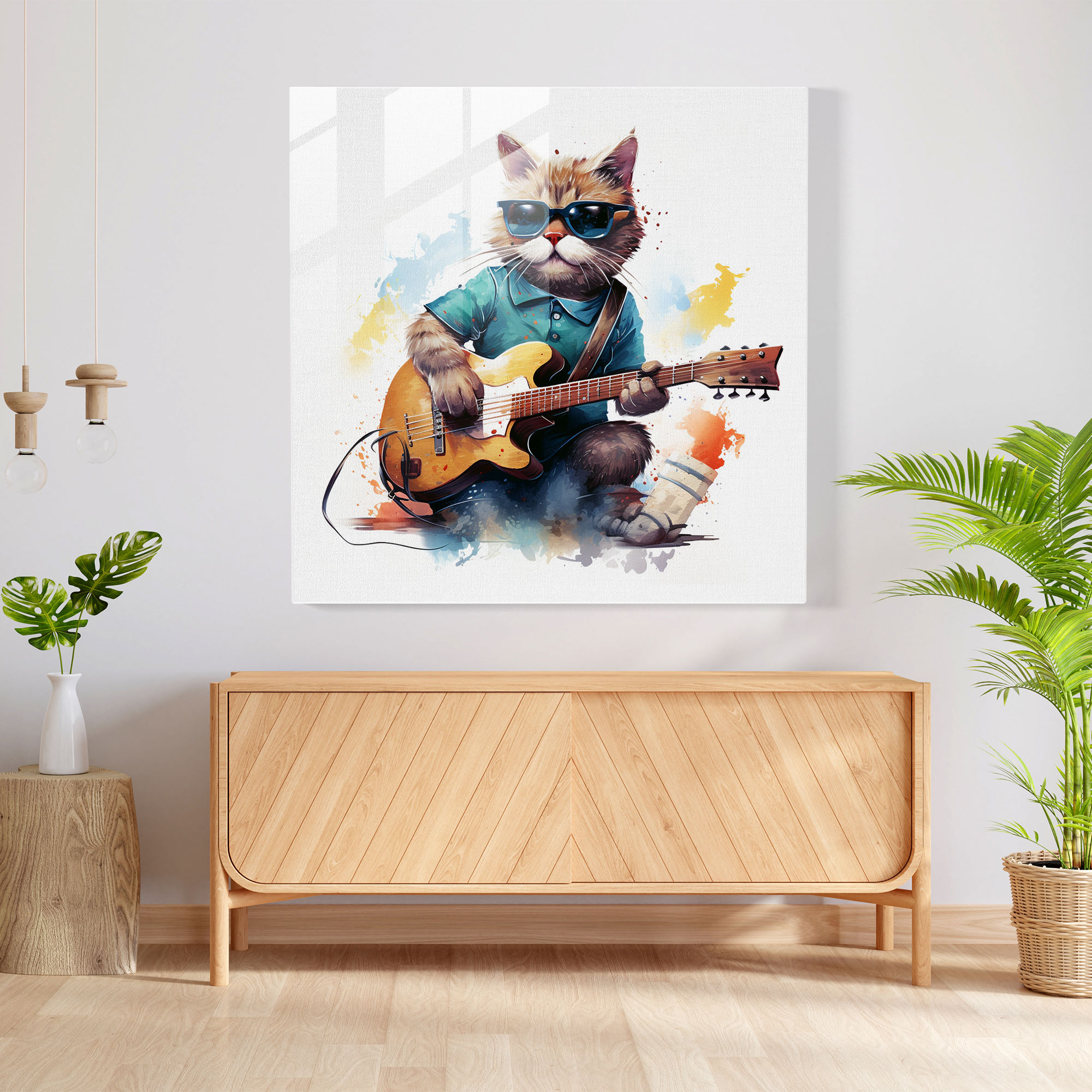 Glasbild Cool Cat Serenade - Modernes Kunstwerk mit Katzenmotiv und künstlerischem Touch