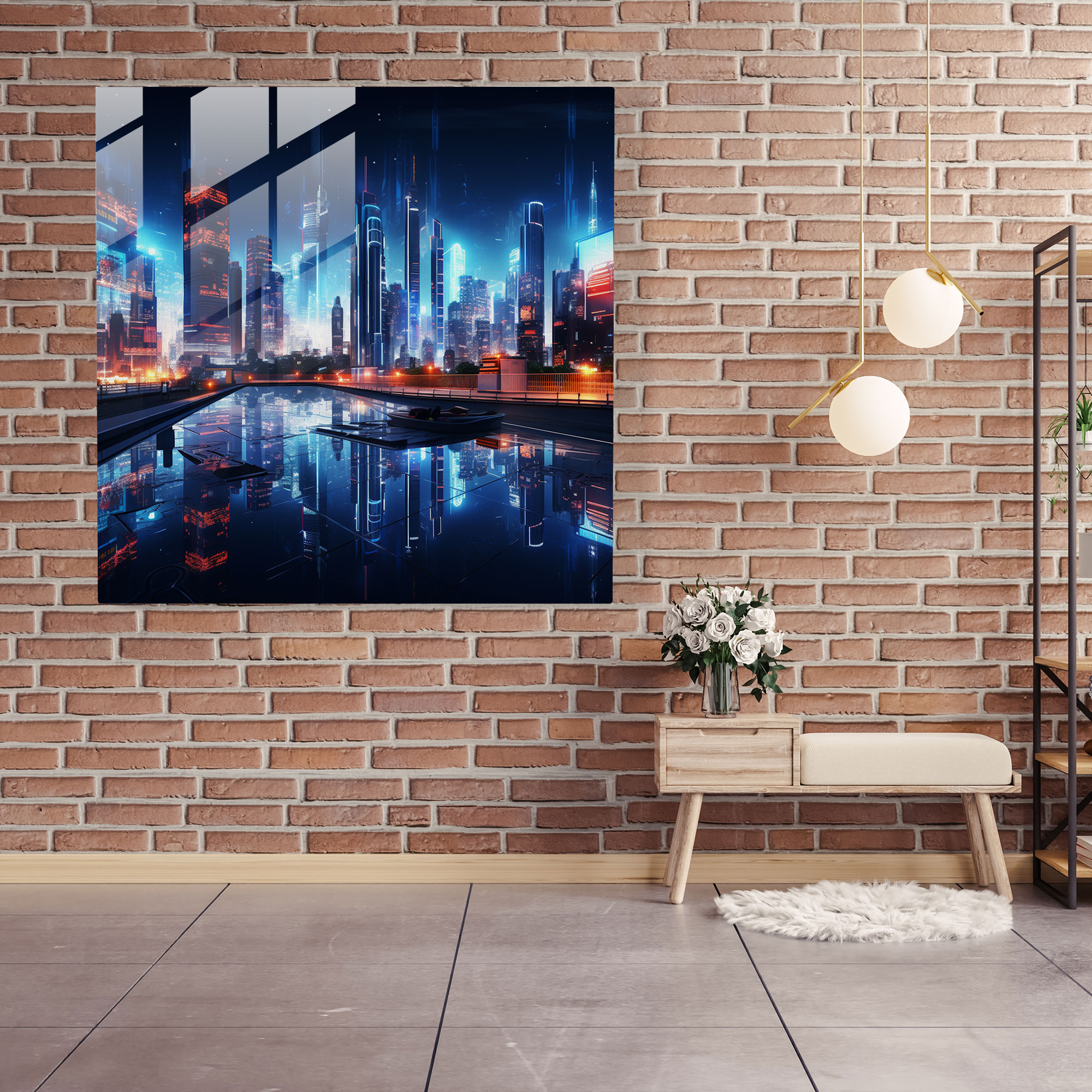 Cool Futuristic Glass Print - Cool, Innovation, Neon Lights, Cityscape