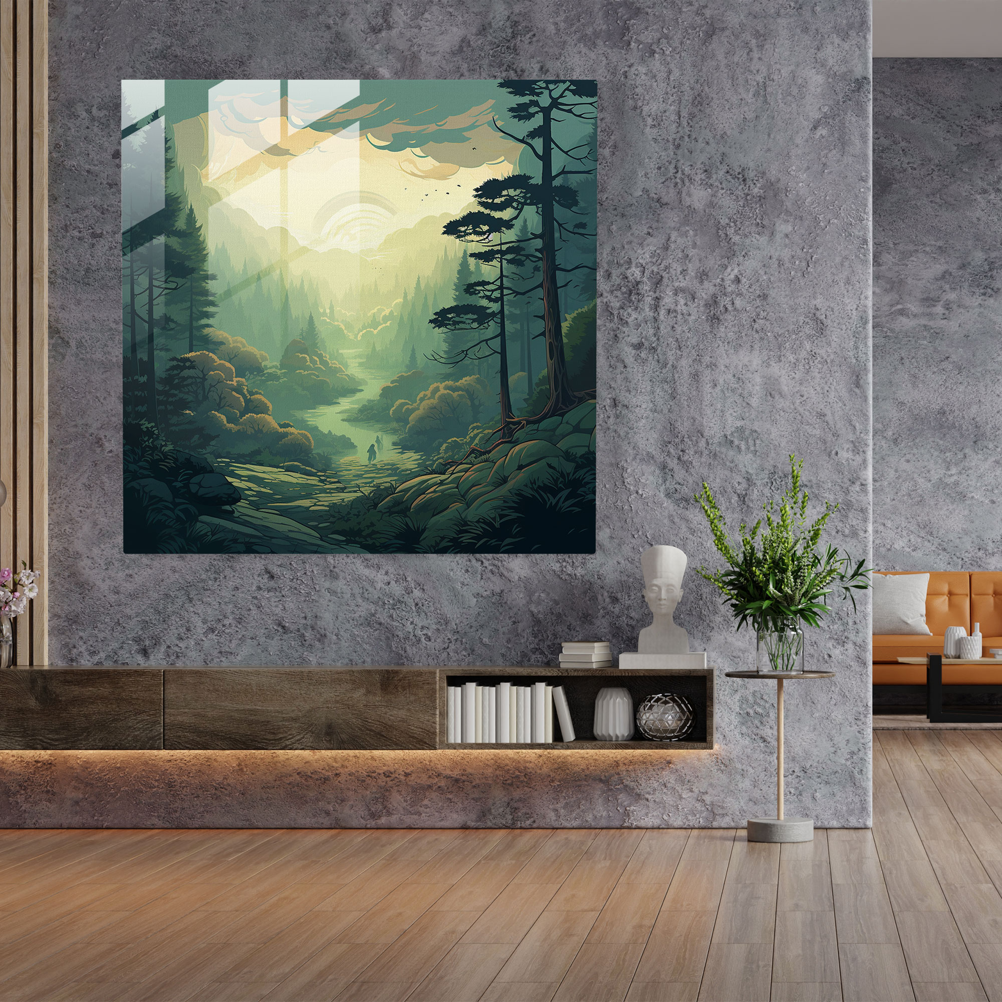 Glasbild Erholung im Kühlen Wald - Handgezeichnete Illustration Wanddekoration