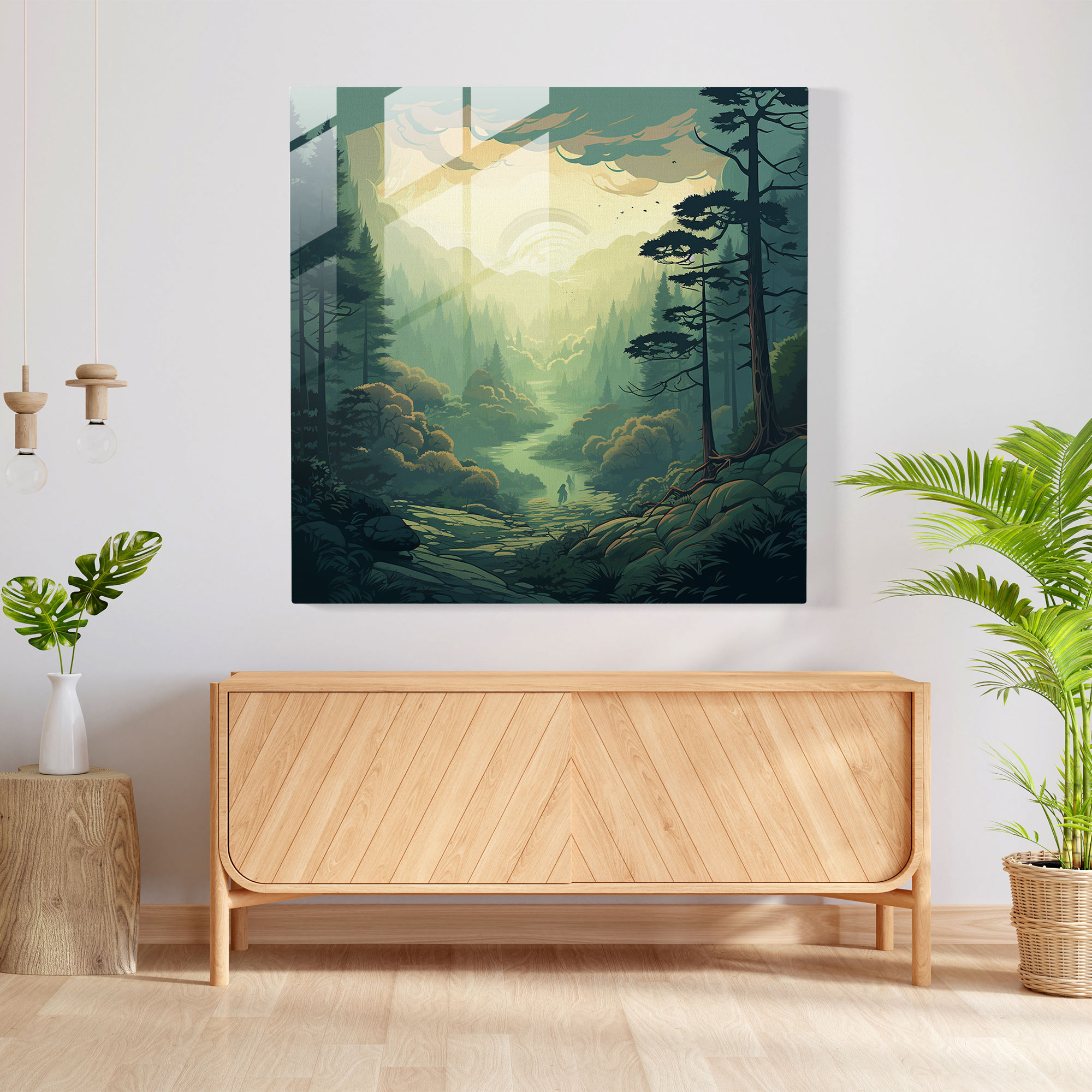 Glasbild Erholung im Kühlen Wald - Handgezeichnete Illustration Wanddekoration