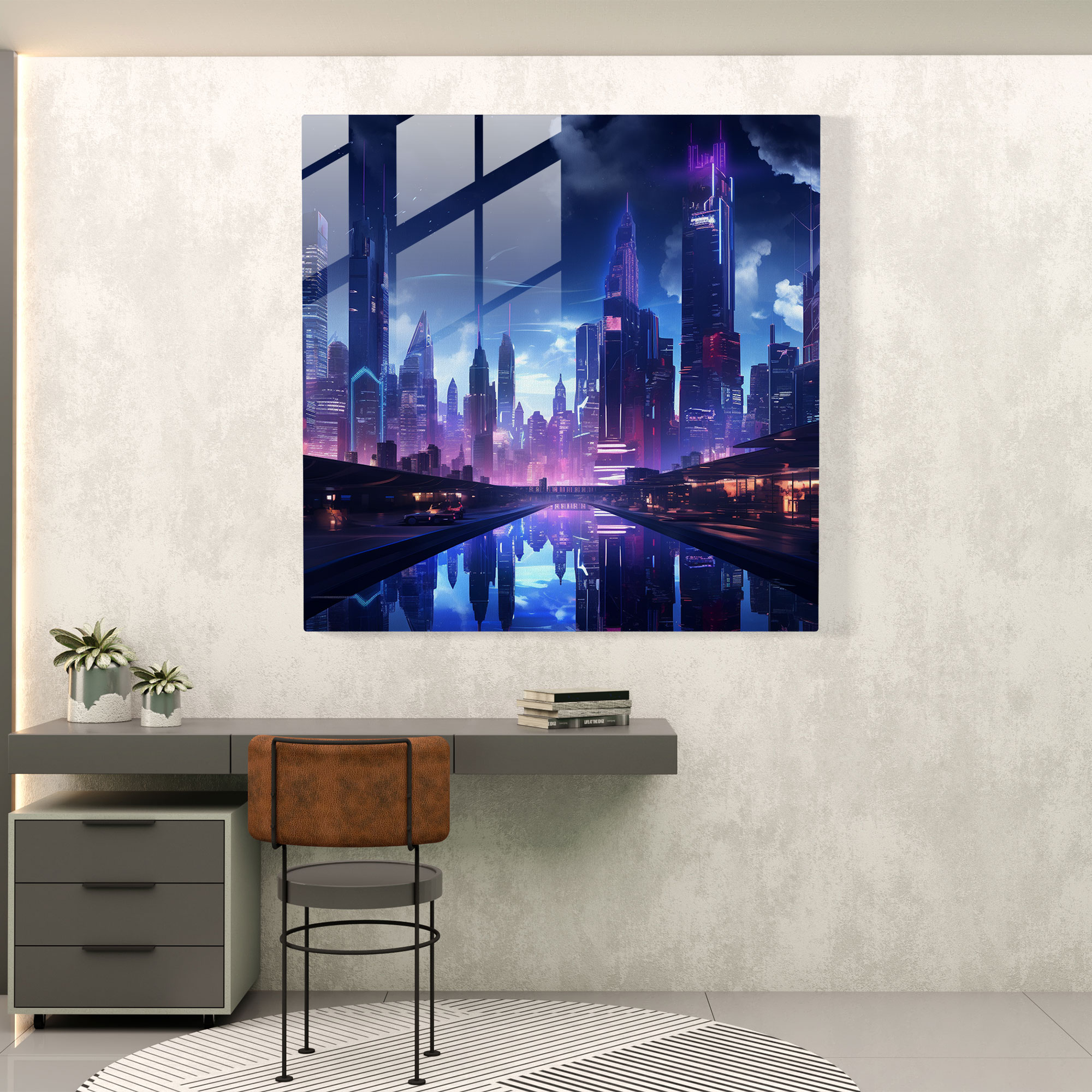 Cooles Urban Glow Glasbild - Stilvoll Glas Kunst Stadtsilhouette Wanddekoration