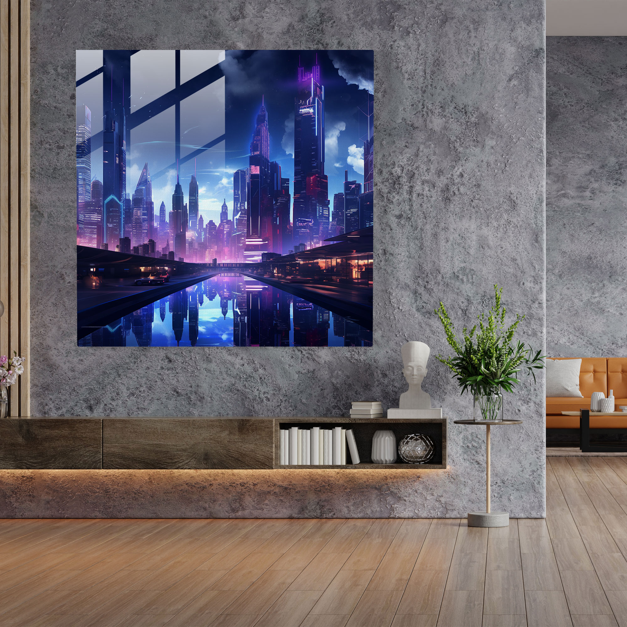 Cooles Urban Glow Glasbild - Stilvoll Glas Kunst Stadtsilhouette Wanddekoration