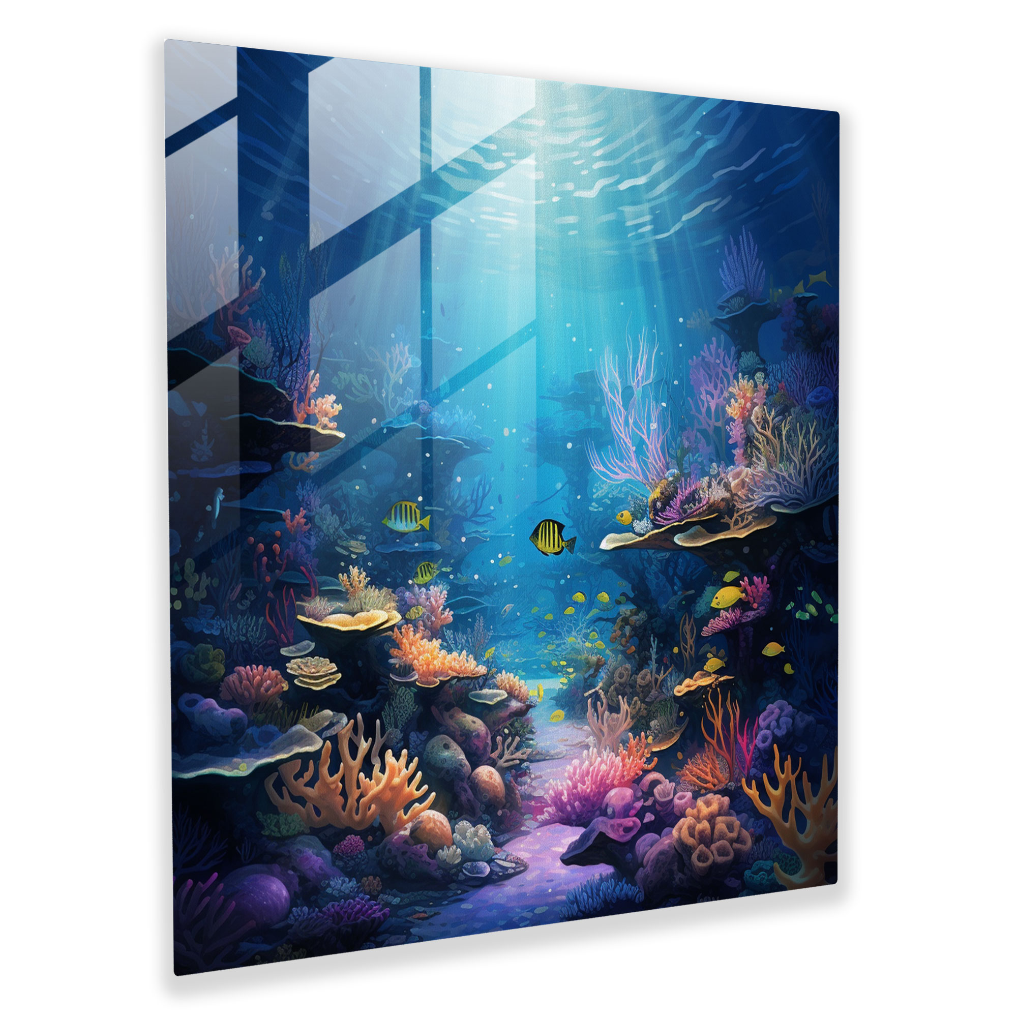 Cool Blue Depths Glass Print - Cool, Cool, Tranquility, Vibrant Marine Life