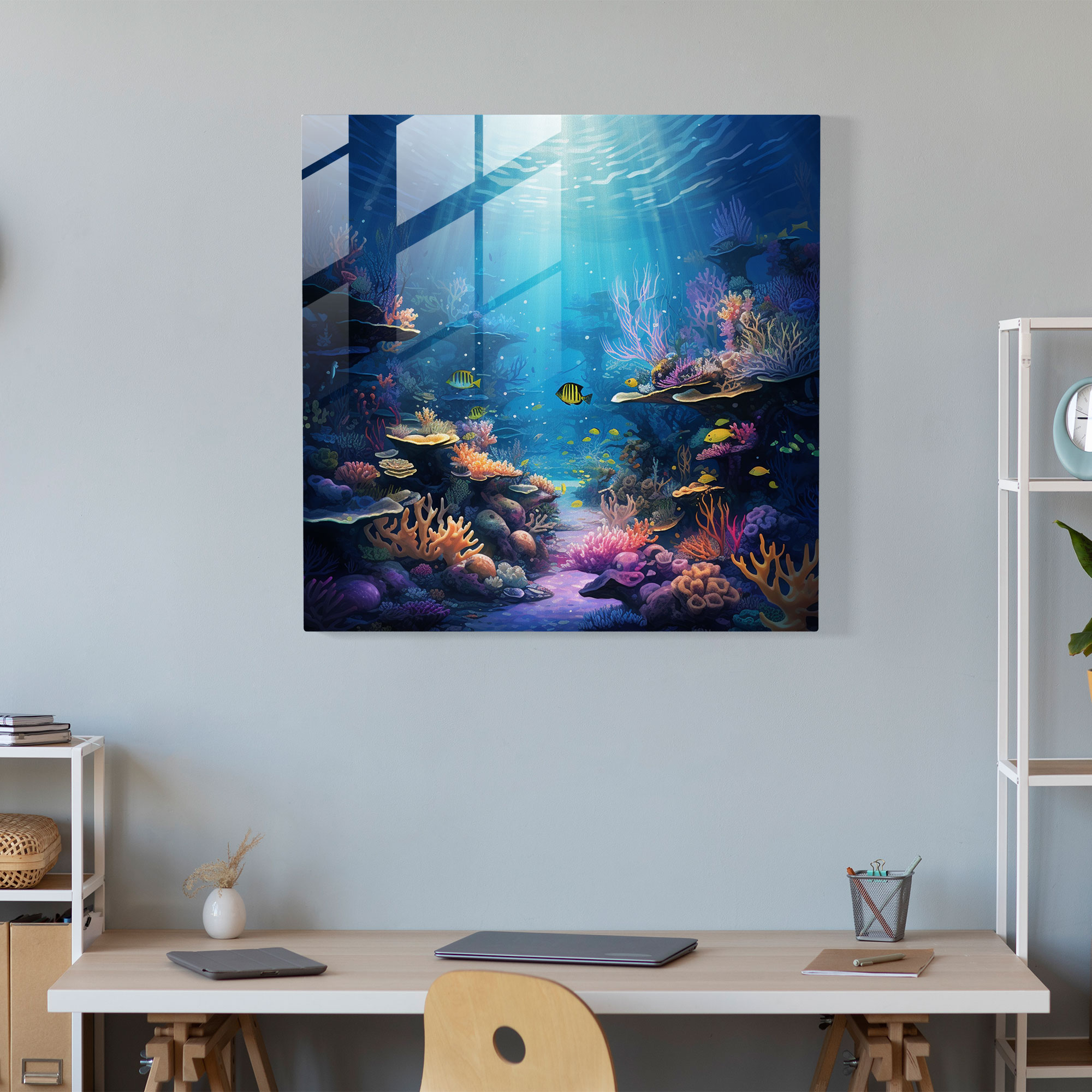 Cool Blue Depths Glass Print - Cool, Cool, Tranquility, Vibrant Marine Life
