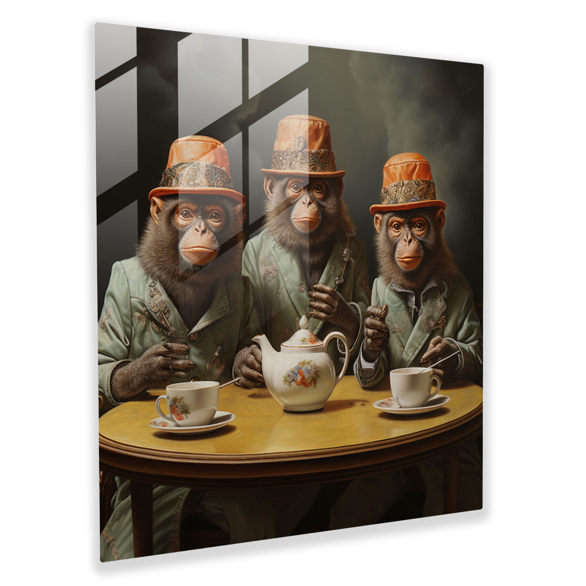 3 Monkey Tea Party Glass Print - 3 Monkey, Modern Art, Home Decoration, Surreal Oil Painting