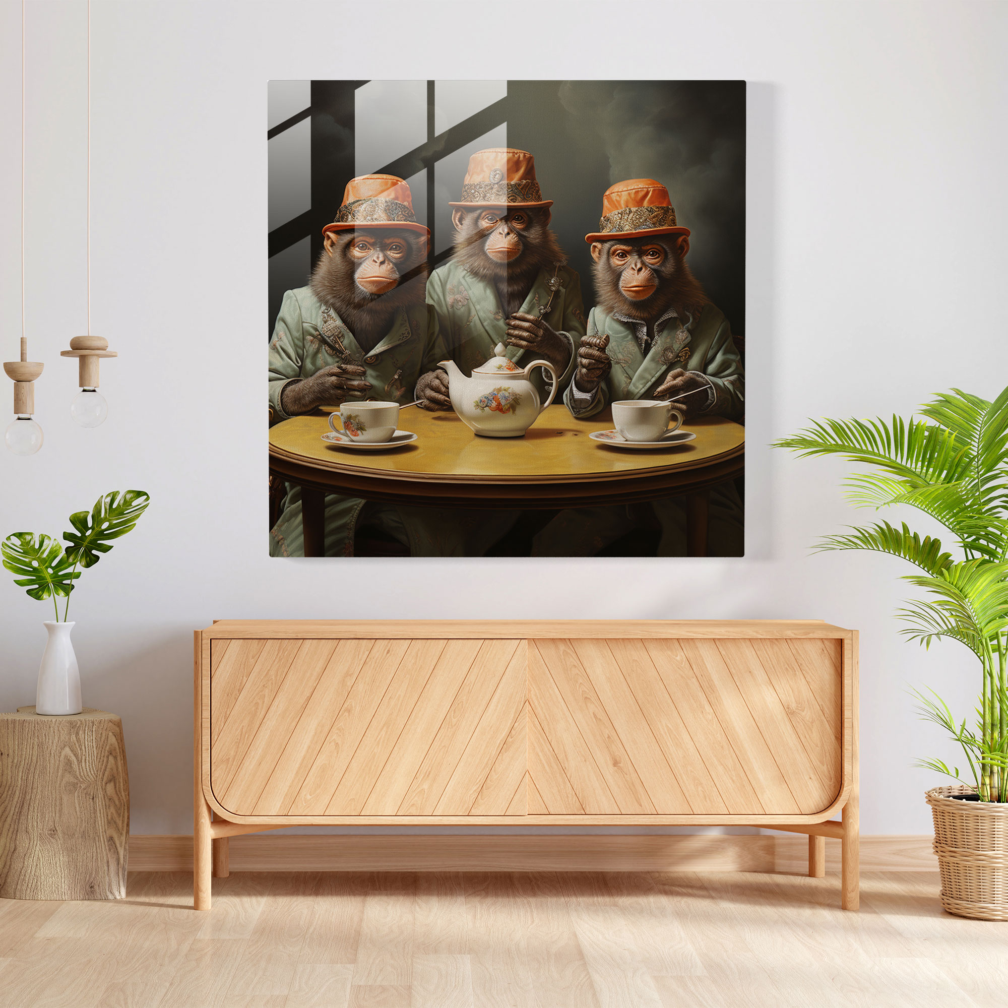 3 Monkey Tea Party Glass Print - 3 Monkey, Modern Art, Home Decoration, Surreal Oil Painting