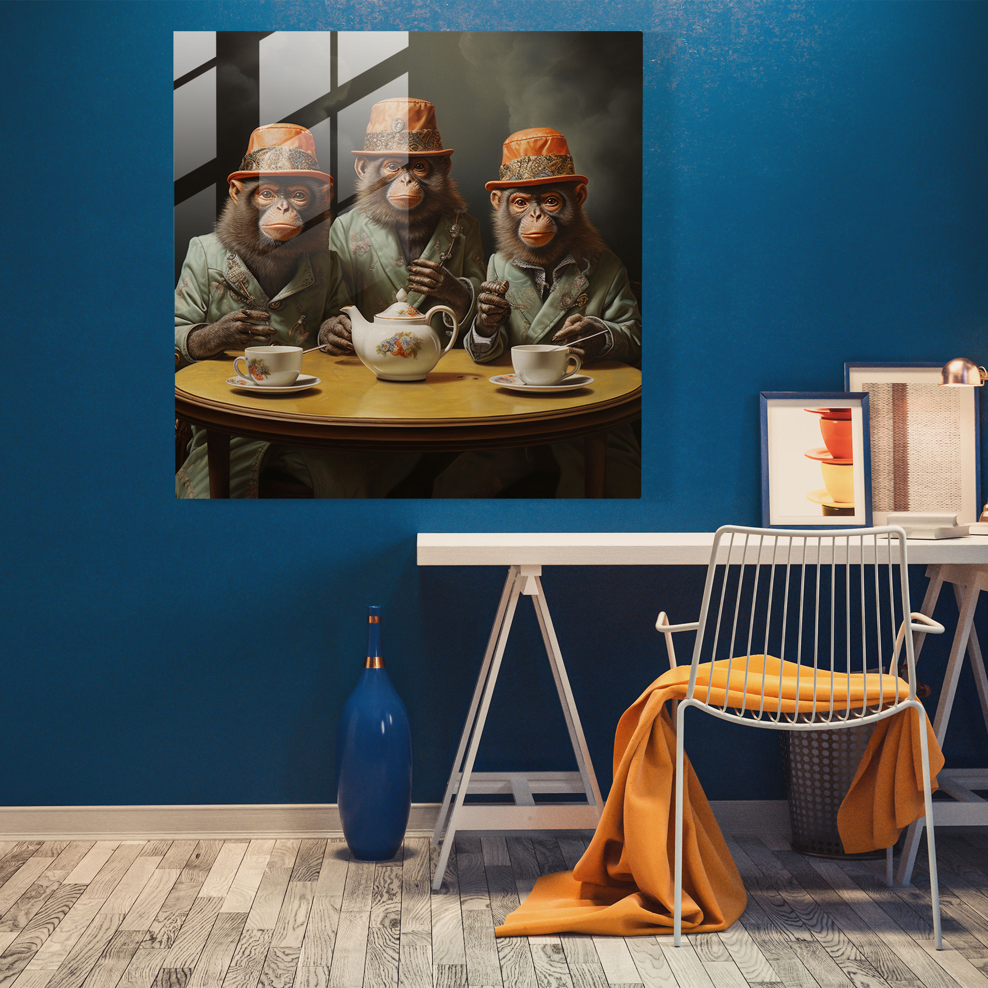 3 Monkey Tea Party Glass Print - 3 Monkey, Modern Art, Home Decoration, Surreal Oil Painting