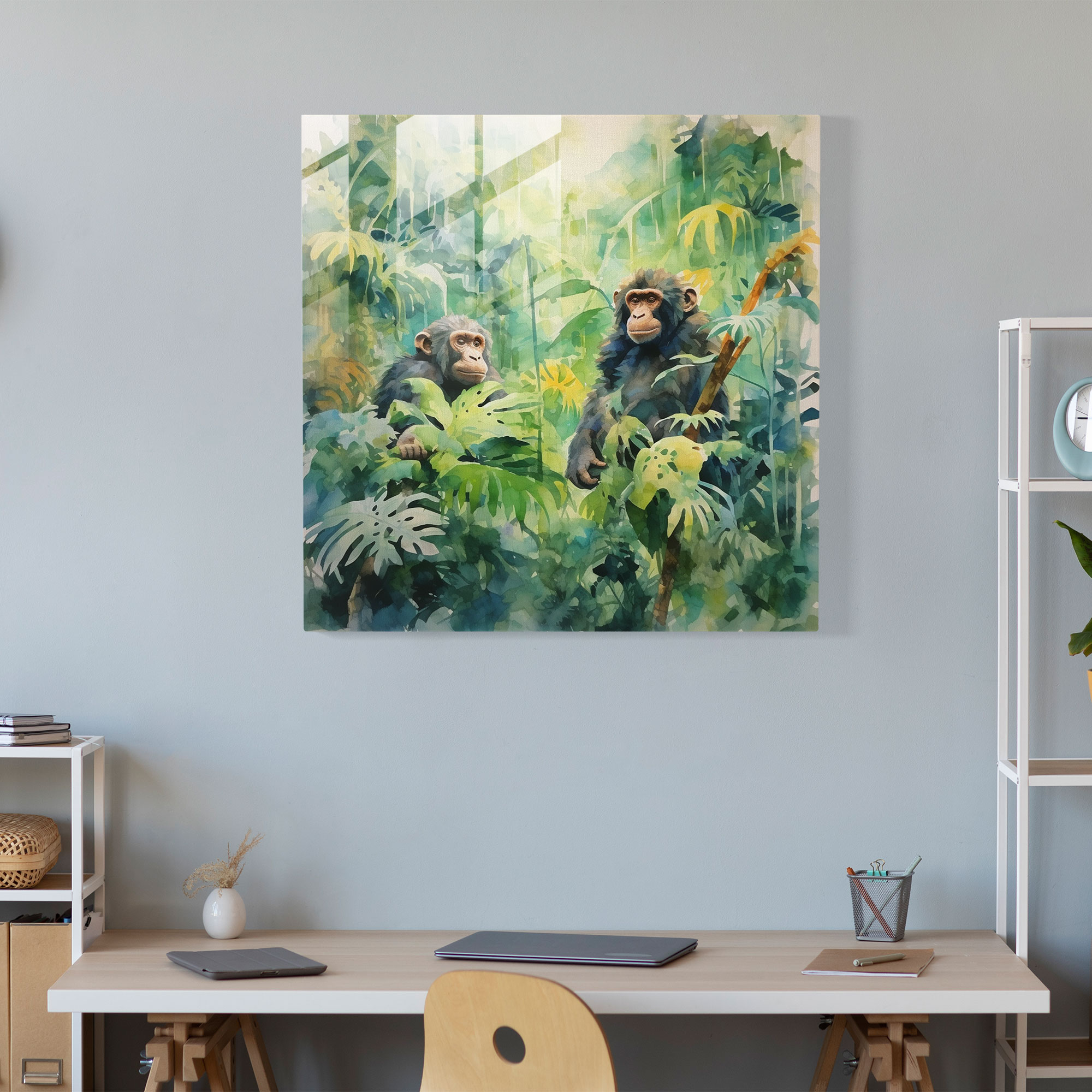 3 Monkey Jungle Glass Print - 3 Monkey, Glass Art, Abstract Watercolor, Modern Art