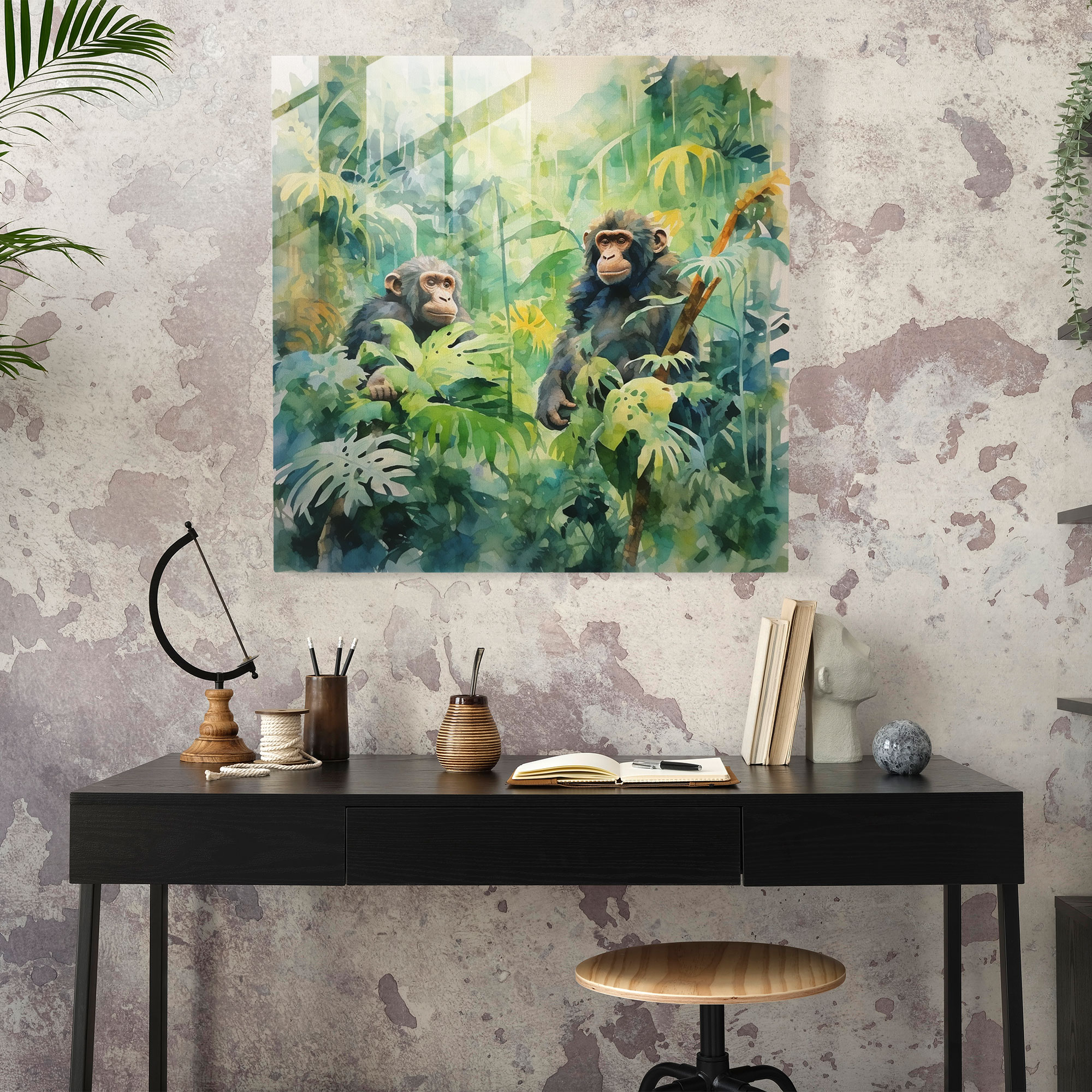 3 Monkey Jungle Glass Print - 3 Monkey, Glass Art, Abstract Watercolor, Modern Art