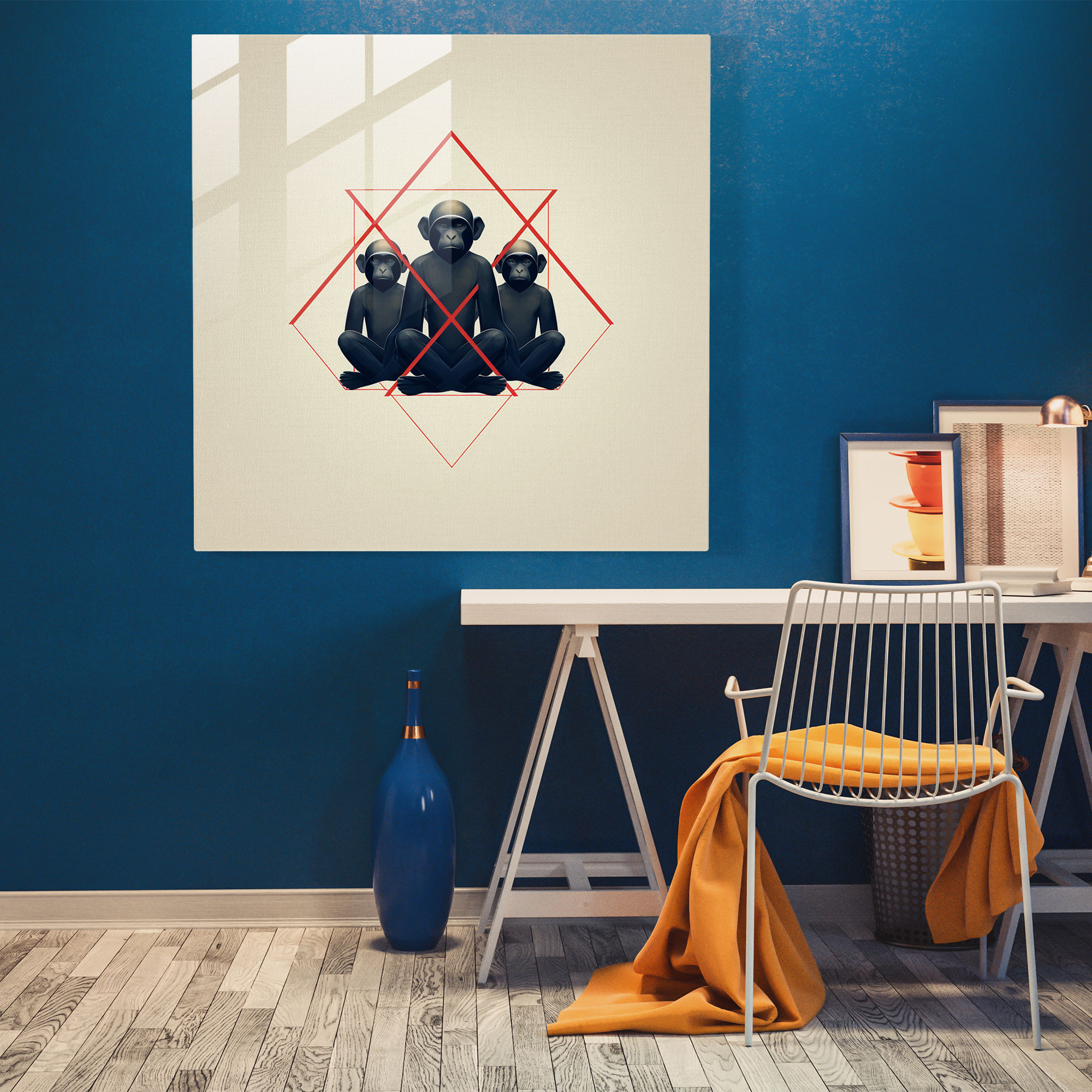 3 Monkey Geometric Glass Print - 3 Monkey, Wall Decoration, Contemporary Style, Modern Art