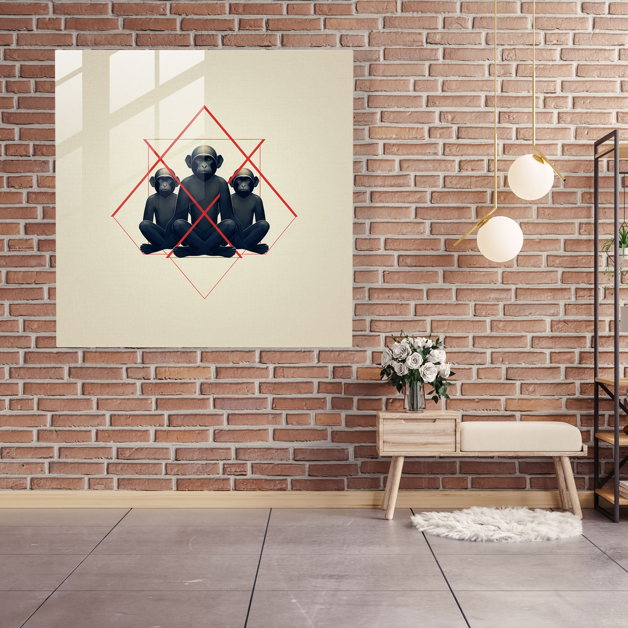 3 Monkey Geometric Glass Print - 3 Monkey, Wall Decoration, Contemporary Style, Modern Art