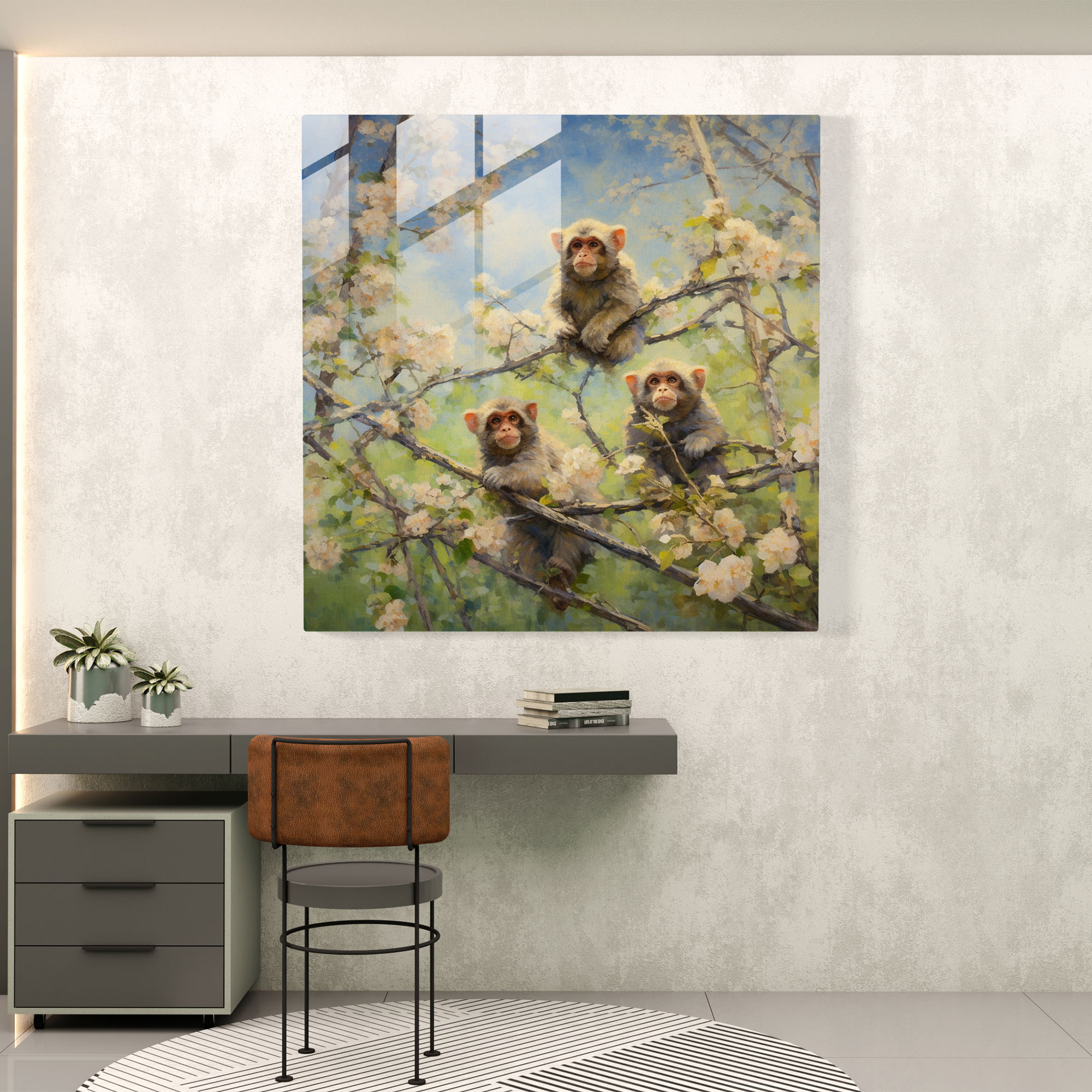 3 Monkey Field Glass Print - 3 Monkey, Wall Decoration, 3 Monkey, Glass Art
