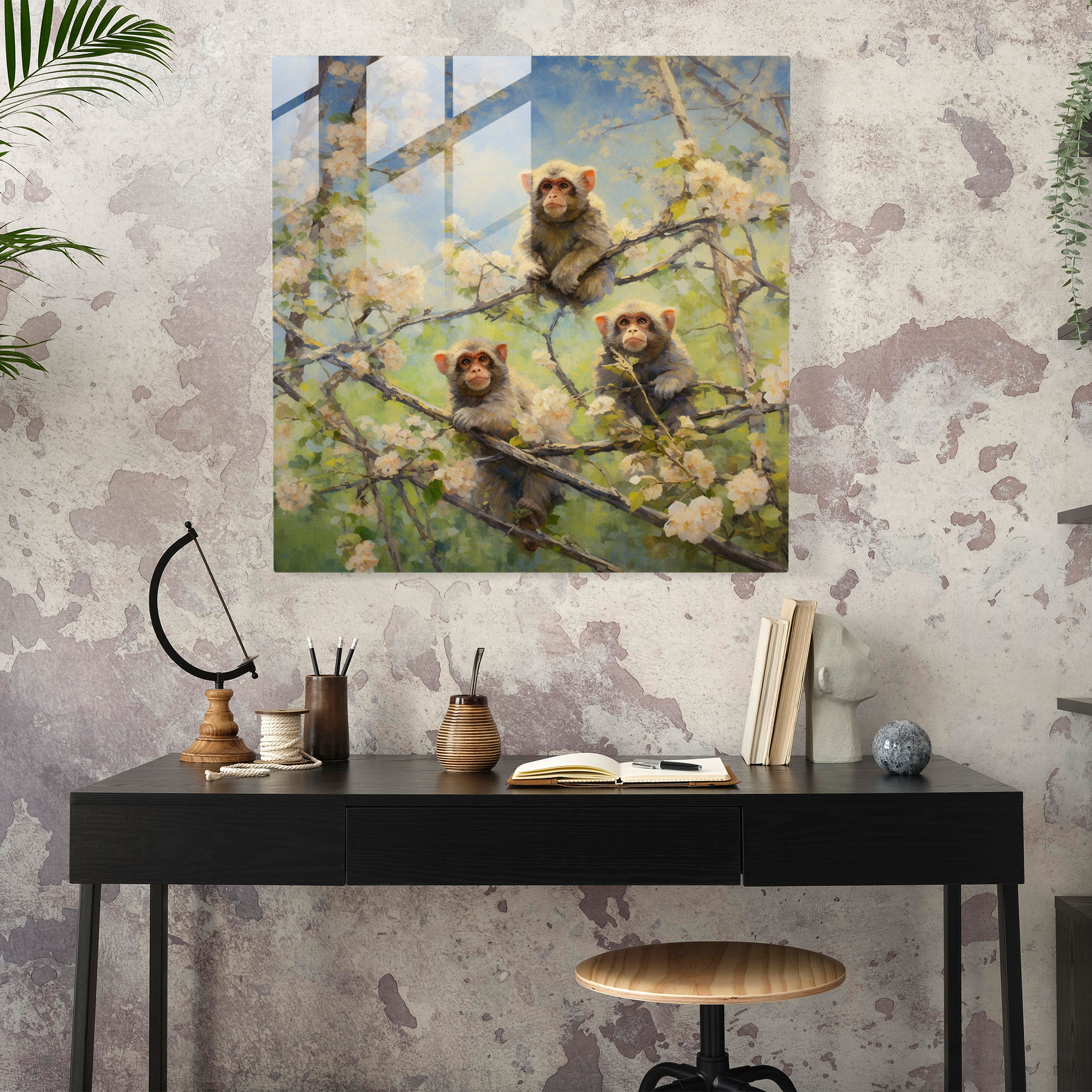 3 Monkey Field Glass Print - 3 Monkey, Wall Decoration, 3 Monkey, Glass Art