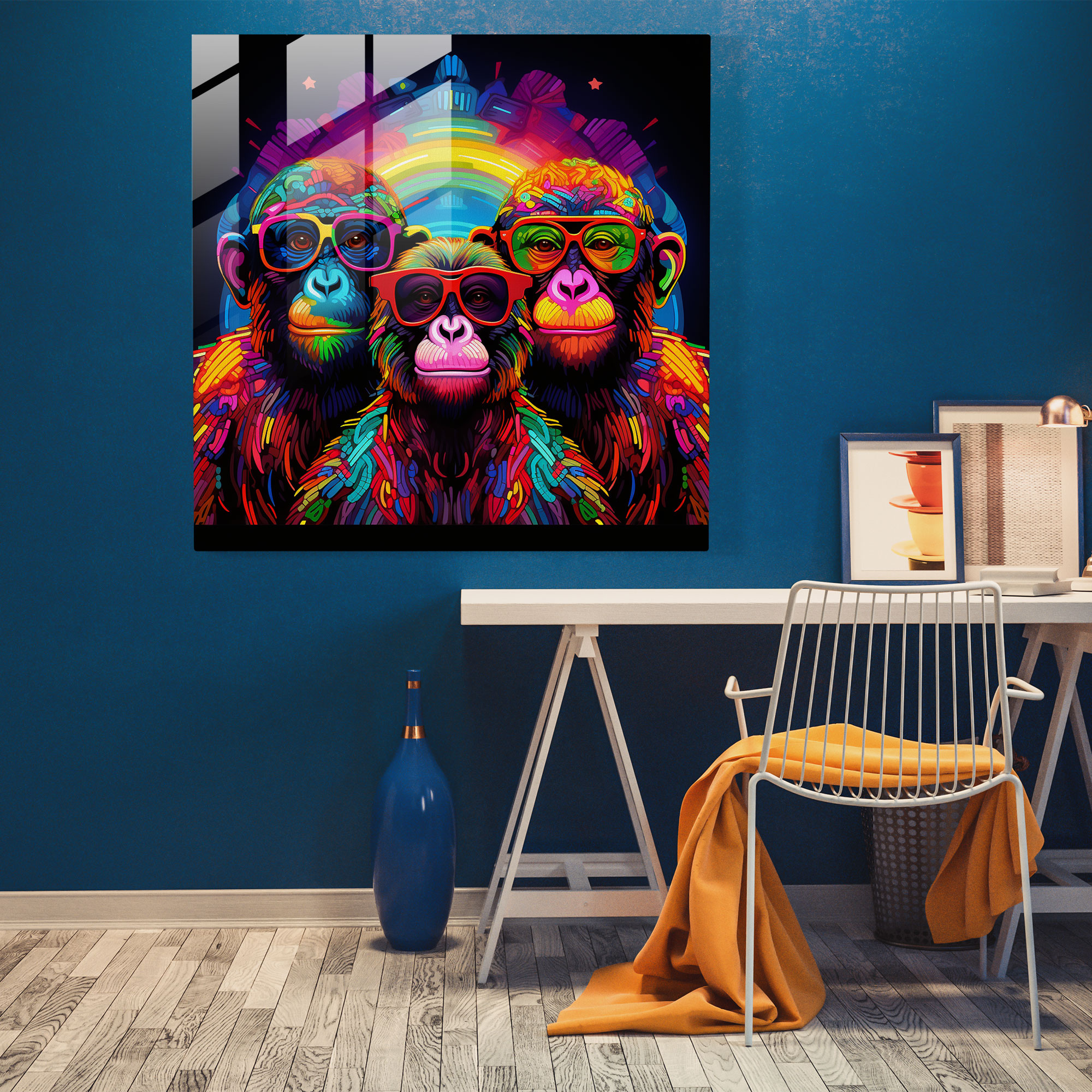 3 Monkey Neon Glass Print - 3 Monkey, Glass Art, Bold Patterns, Home Decoration