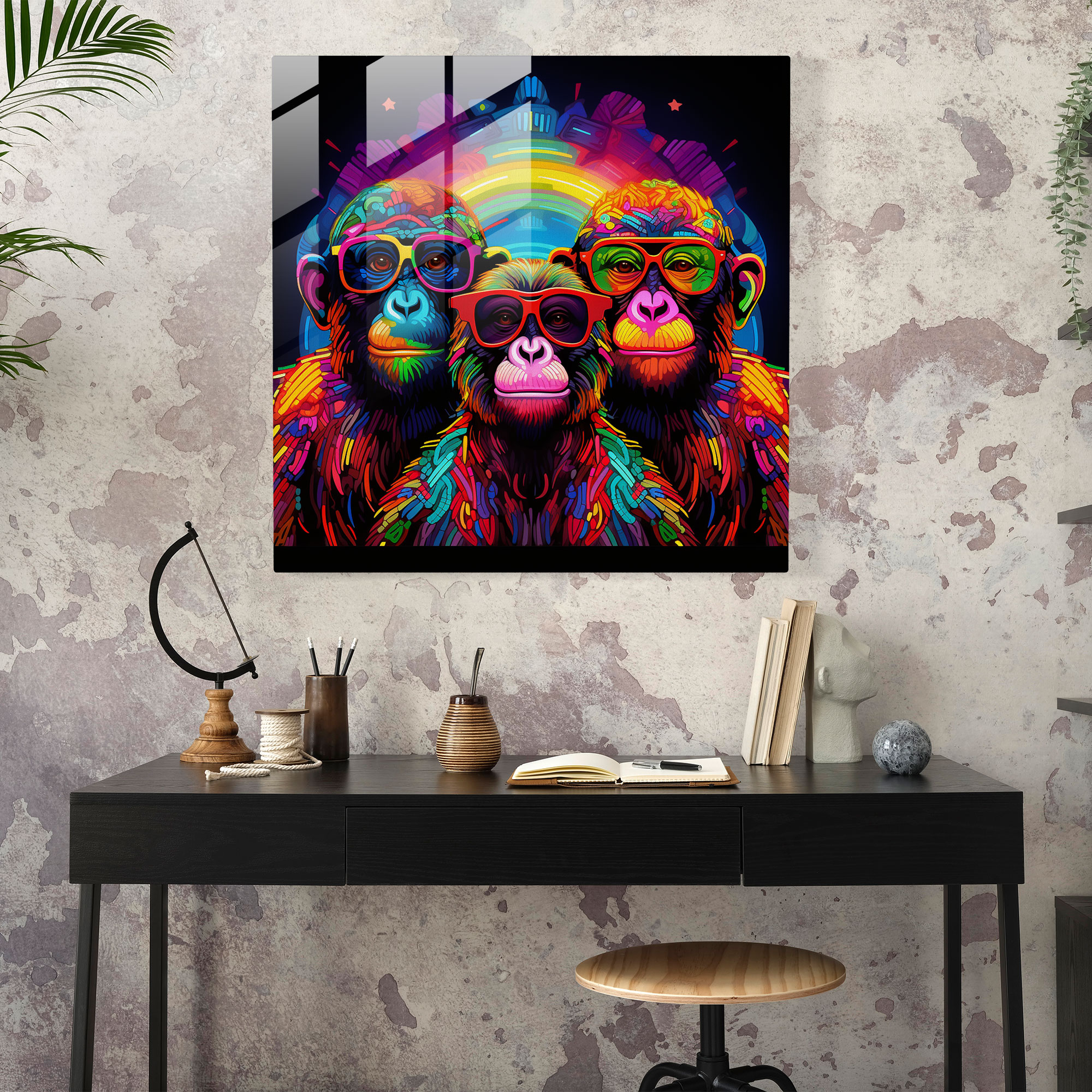 3 Monkey Neon Glass Print - 3 Monkey, Glass Art, Bold Patterns, Home Decoration