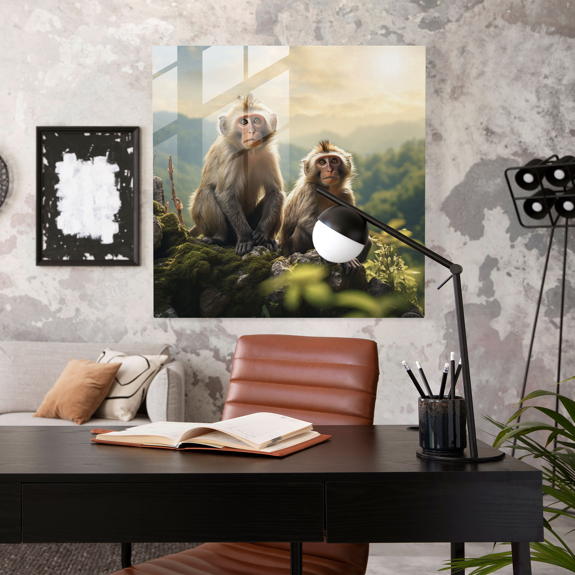 Glasbild mit 3 Affen im Wildleben - Affen Glasbild Heimdekoration