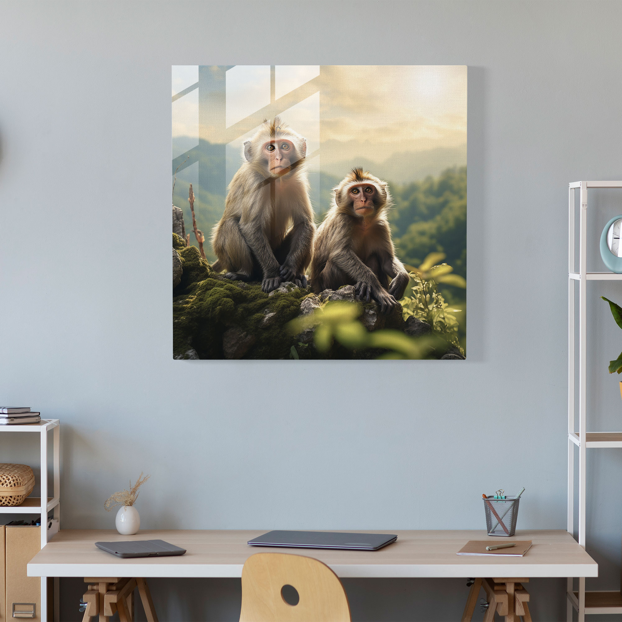 Glasbild mit 3 Affen im Wildleben - Affen Glasbild Heimdekoration