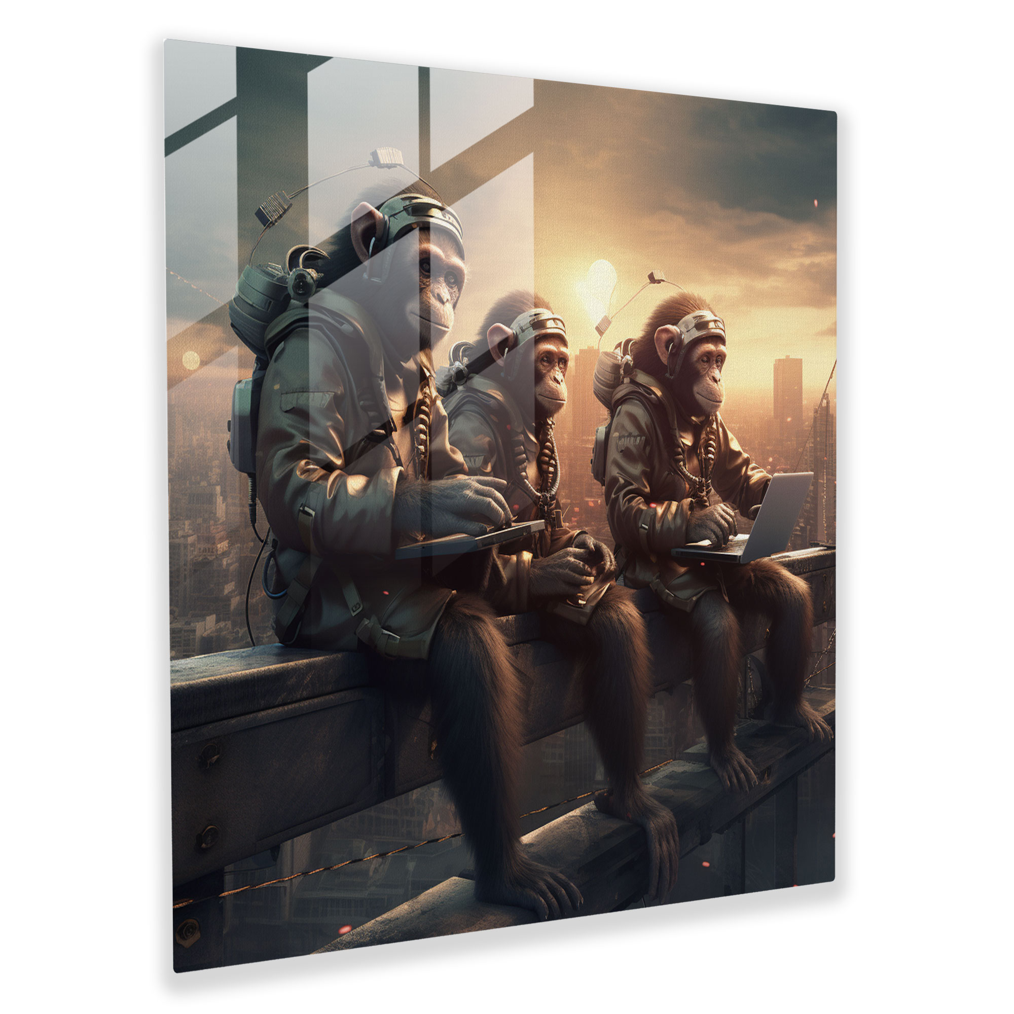 3 Monkey Futuristisches Glasbild - Affen Stadtbild Zuhause Dekoration