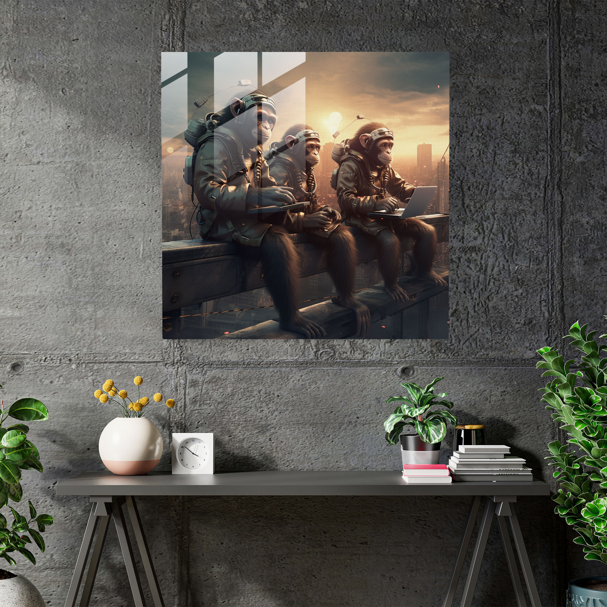 3 Monkey Futuristisches Glasbild - Affen Stadtbild Zuhause Dekoration