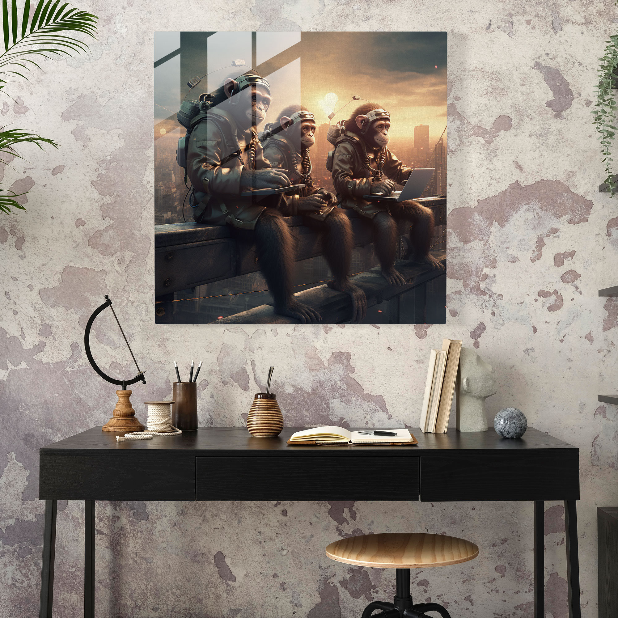 3 Monkey Futuristisches Glasbild - Affen Stadtbild Zuhause Dekoration