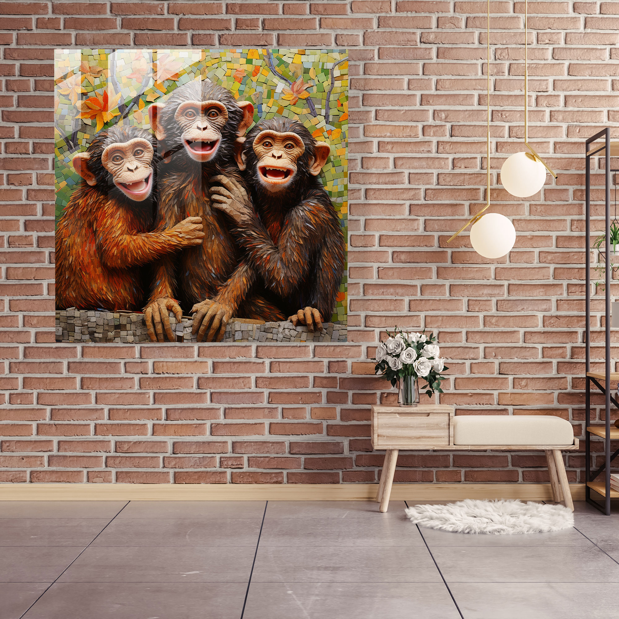 3 Monkey Mosaic Glass Print - 3 Monkey, Impressionist Mosaic, Glass Art, Visual Interest