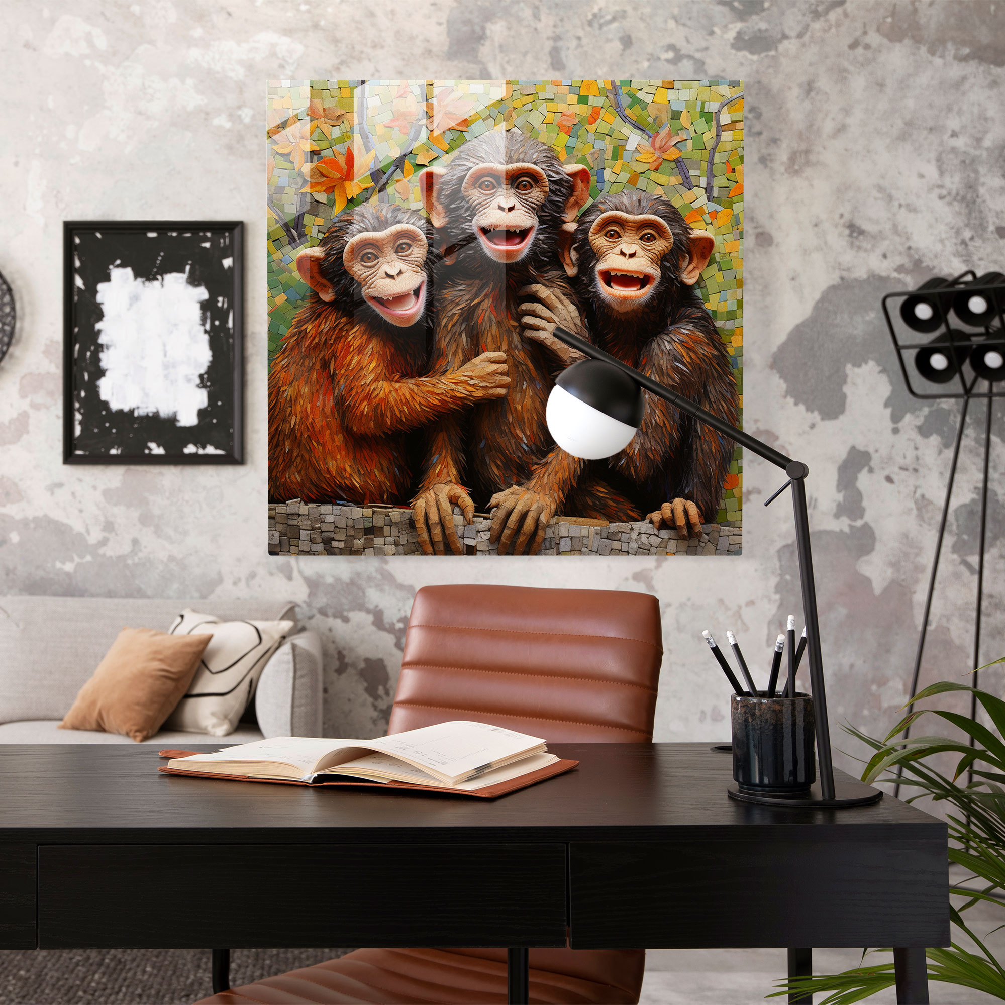3 Monkey Mosaic Glass Print - 3 Monkey, Impressionist Mosaic, Glass Art, Visual Interest