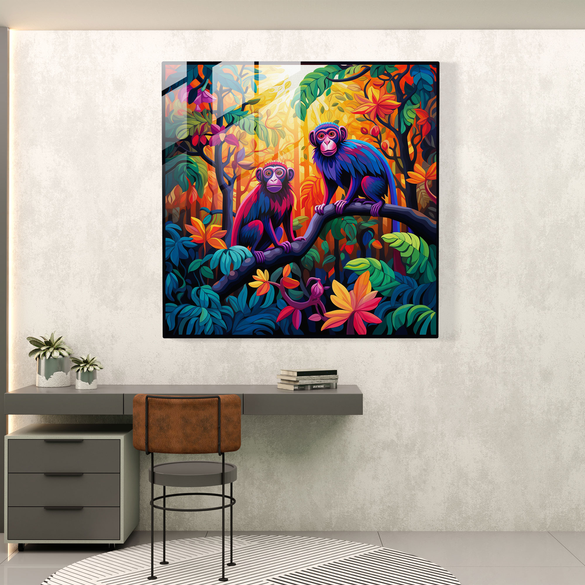 Glasbild mit 3 Affen-Cartoon - 3 Affen Glas-Kunst lebendige Farben moderne Kunst