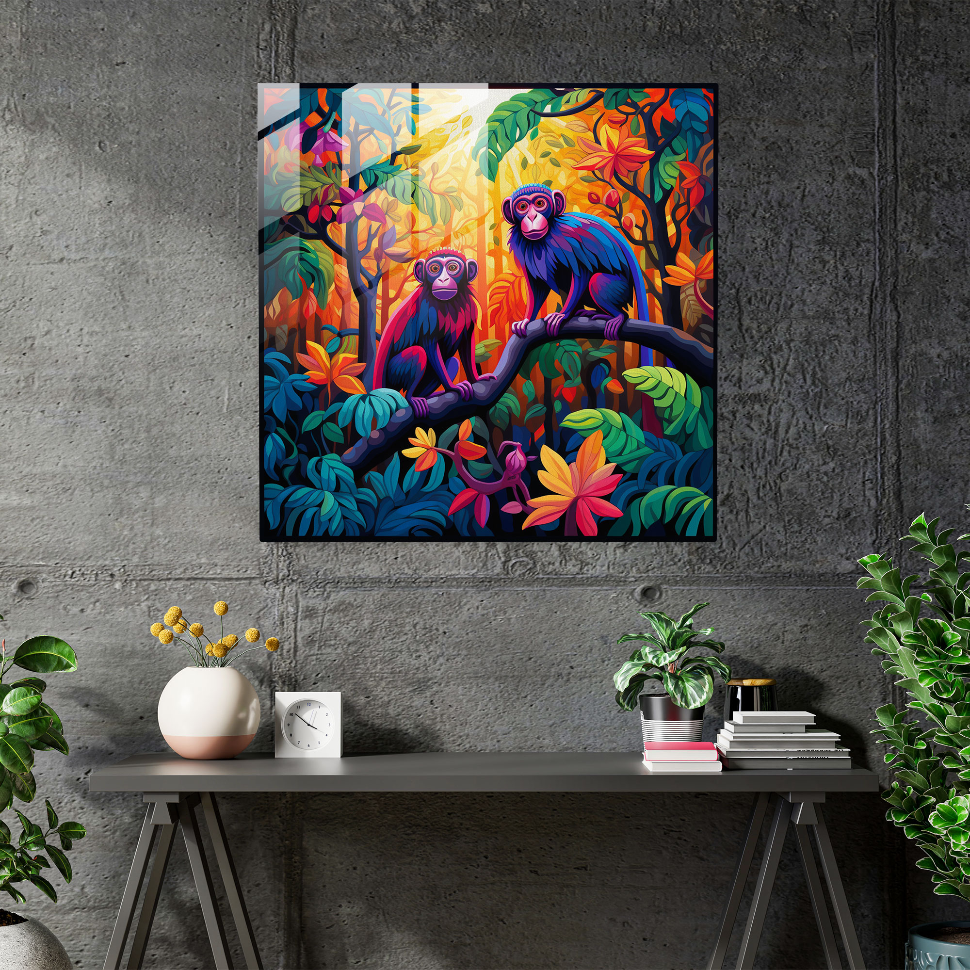 Glasbild mit 3 Affen-Cartoon - 3 Affen Glas-Kunst lebendige Farben moderne Kunst