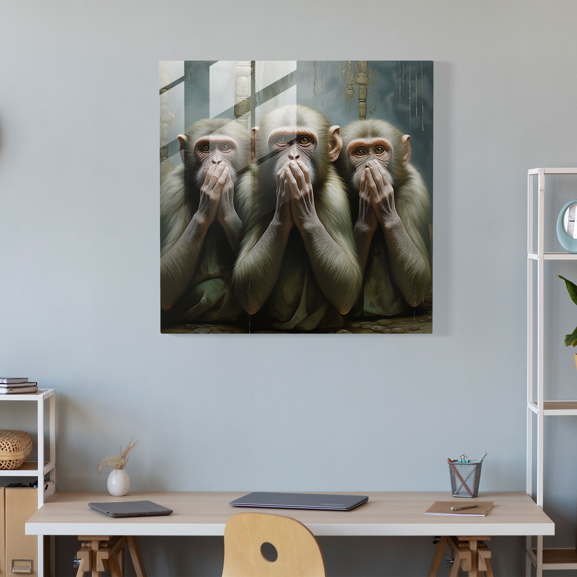 Die Weisen Affen Glasbild - Realistische lebensechte Texturen modernes Kunstwerk