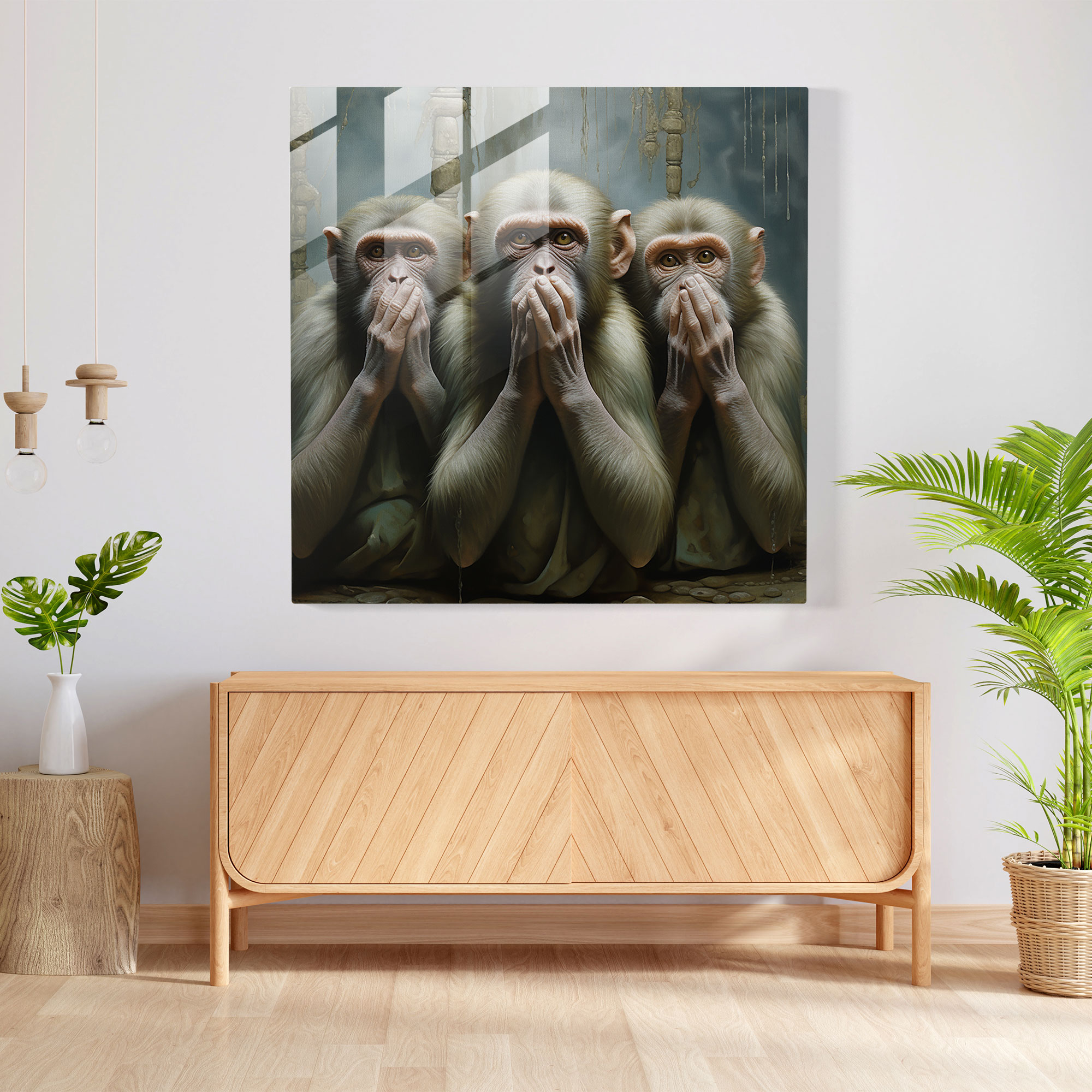 Die Weisen Affen Glasbild - Realistische lebensechte Texturen modernes Kunstwerk
