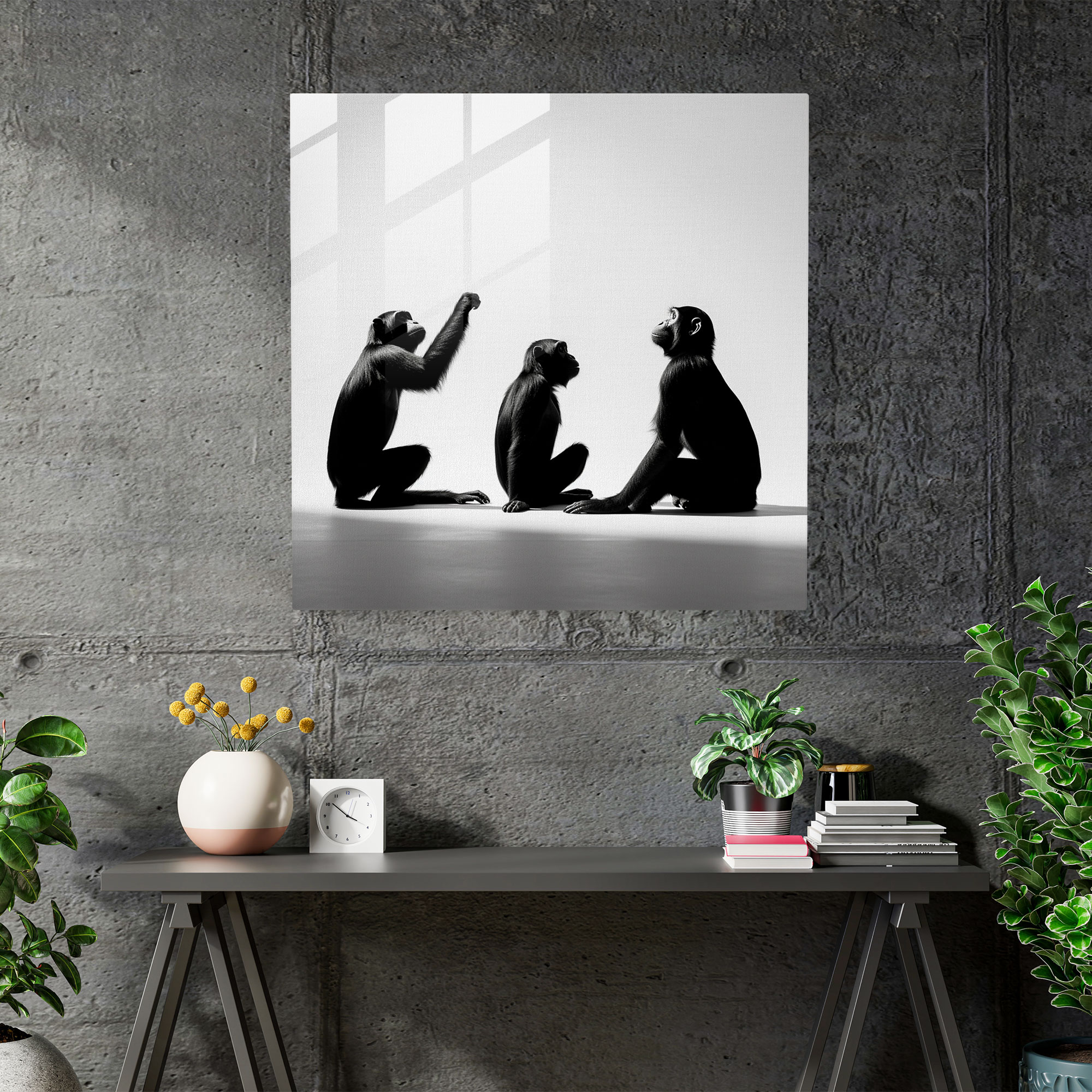 Glasbild mit Affen-Silhouetten - Minimalistisches und verspieltes Design mit Affenmotiven Glas-Kunst