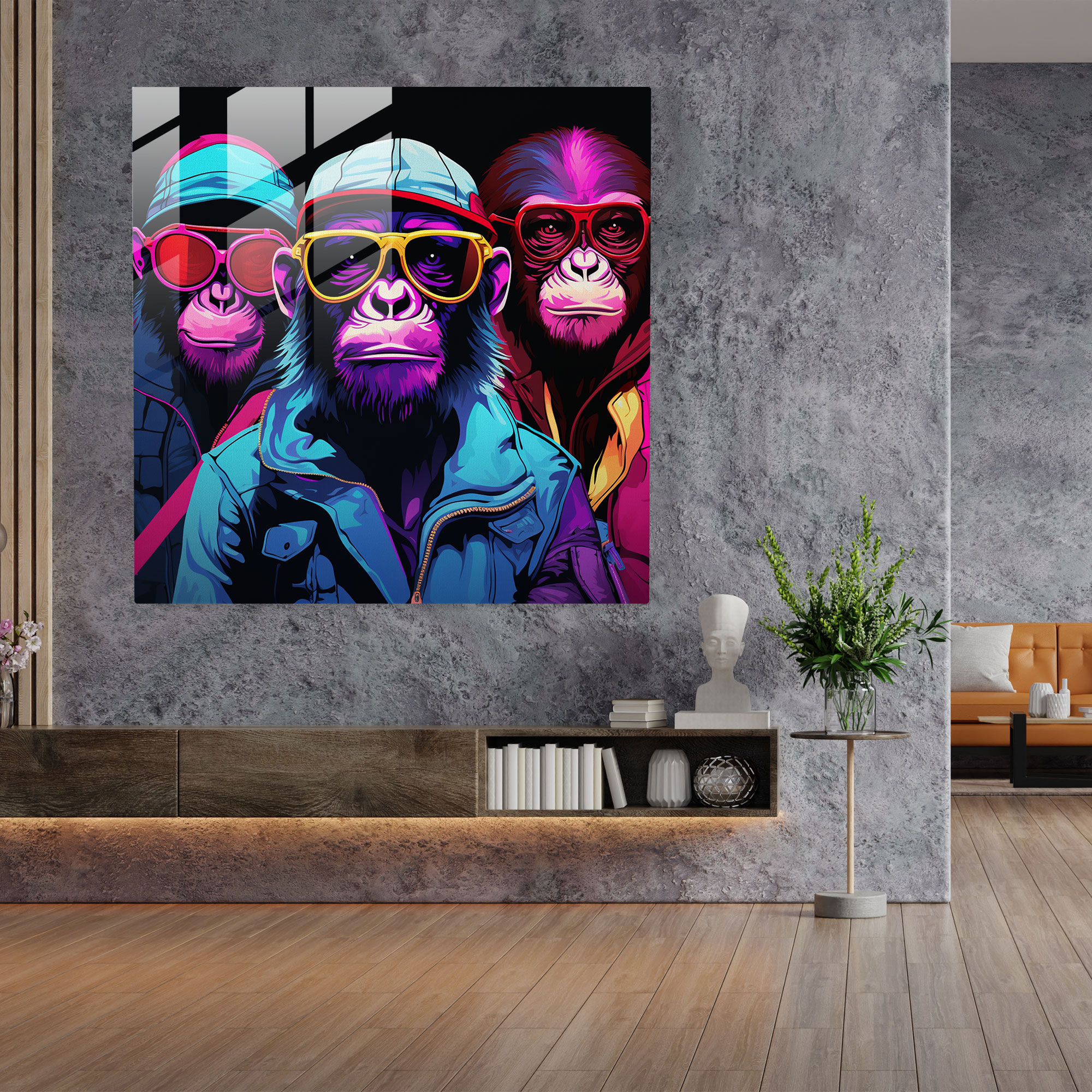 Pop Art Glasbild mit 3 Affen - 3 Affen Glaswandkunst Kräftige Farben Digitale Kunstwerke