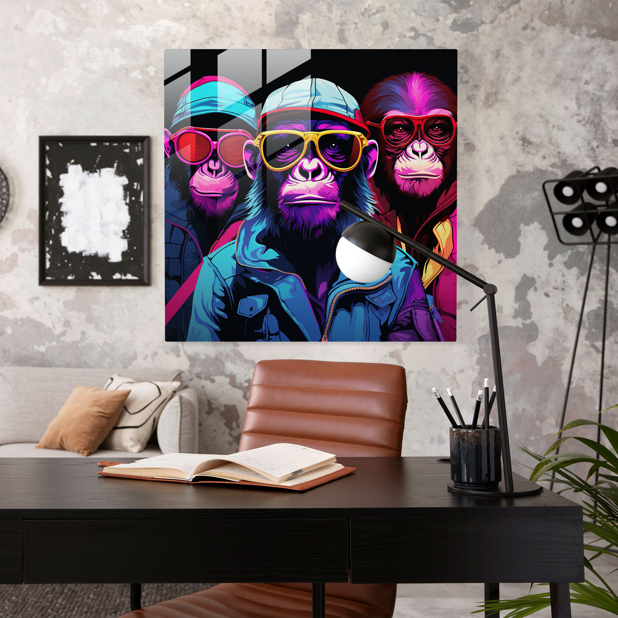 Pop Art Glasbild mit 3 Affen - 3 Affen Glaswandkunst Kräftige Farben Digitale Kunstwerke